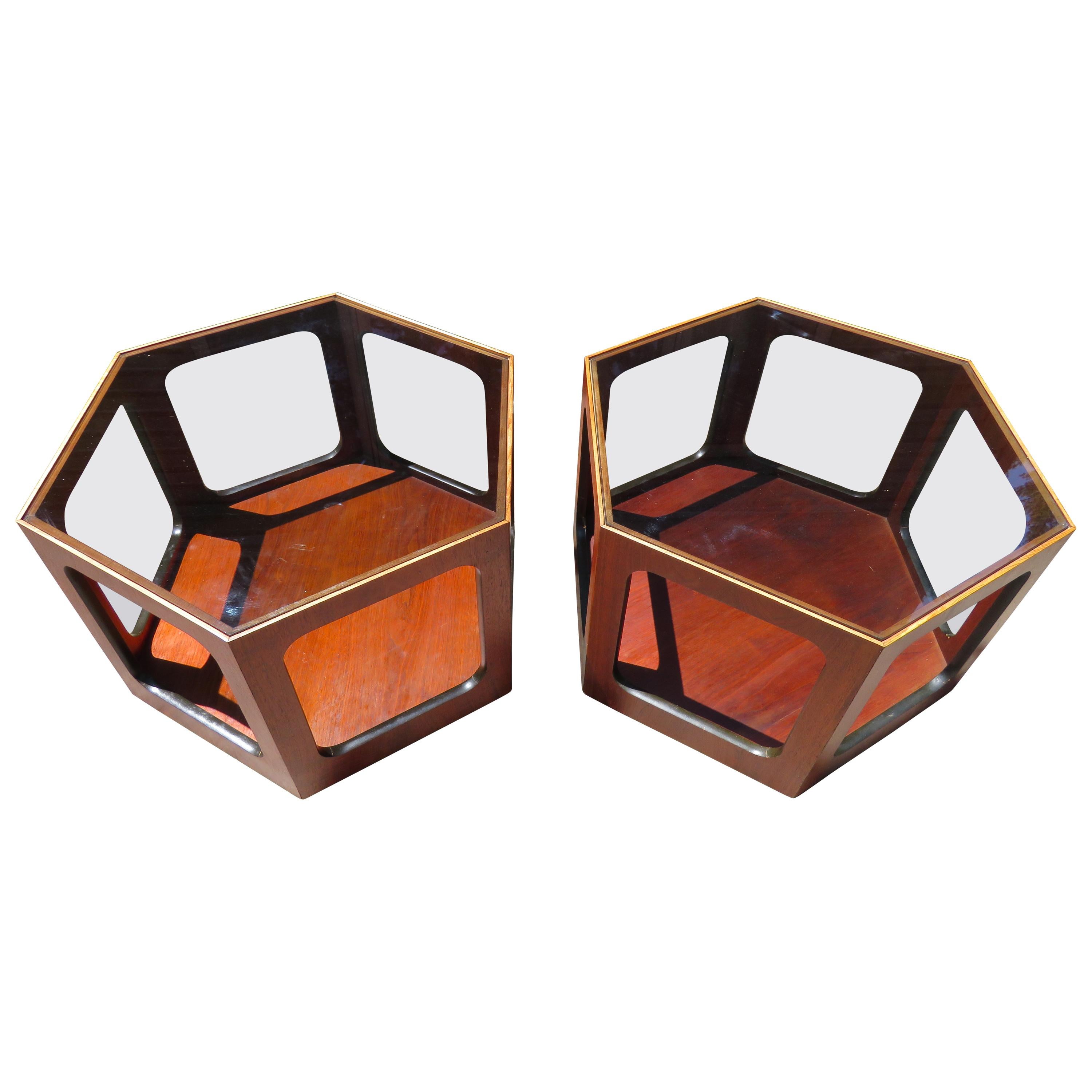 Wonderful Pair of Lane Octagon Glass Walnut Side End Tables Mid-Century Modern