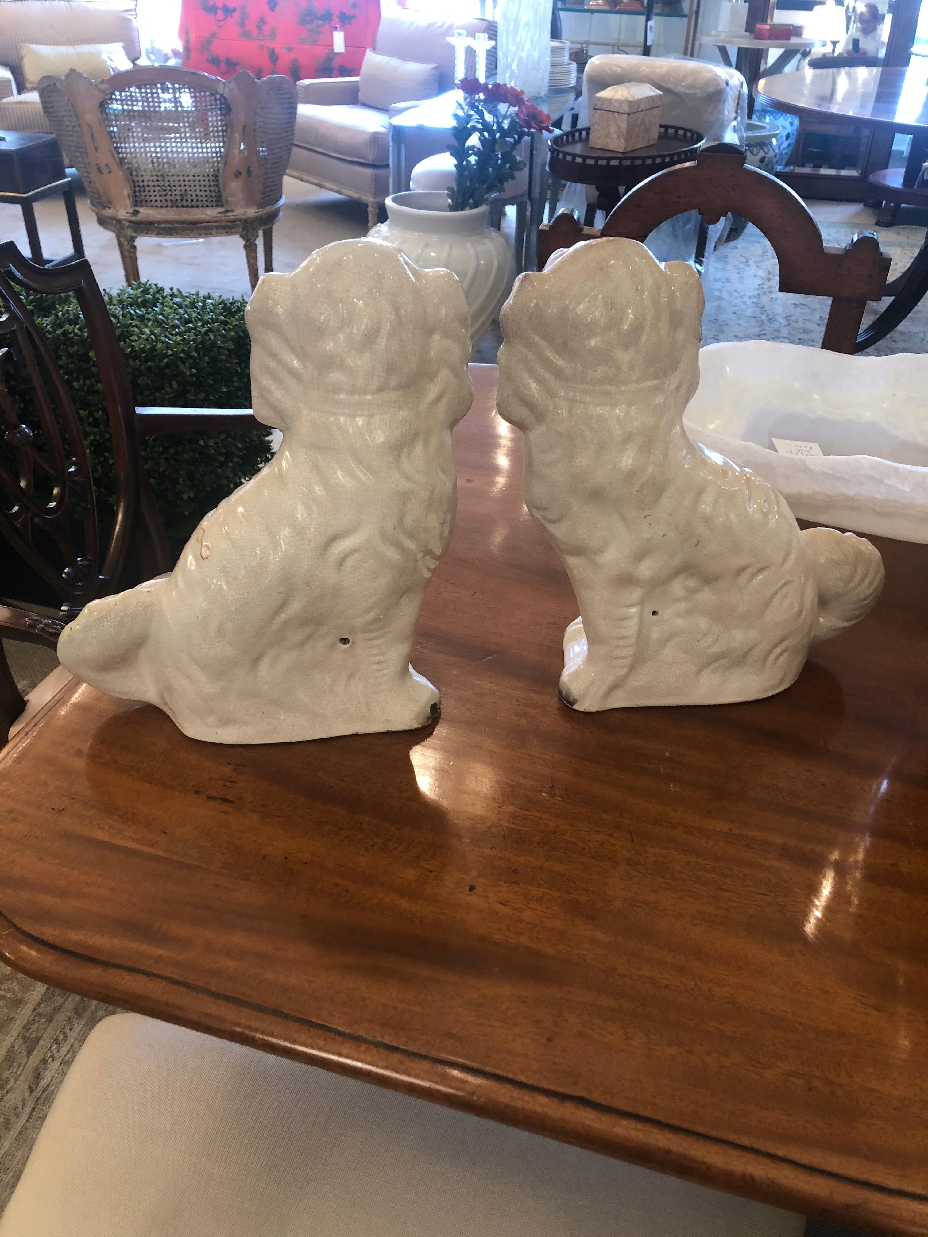 Victorian Wonderful Pair Large Staffordshire Porcelain Off White and Terracotta Spaniels For Sale