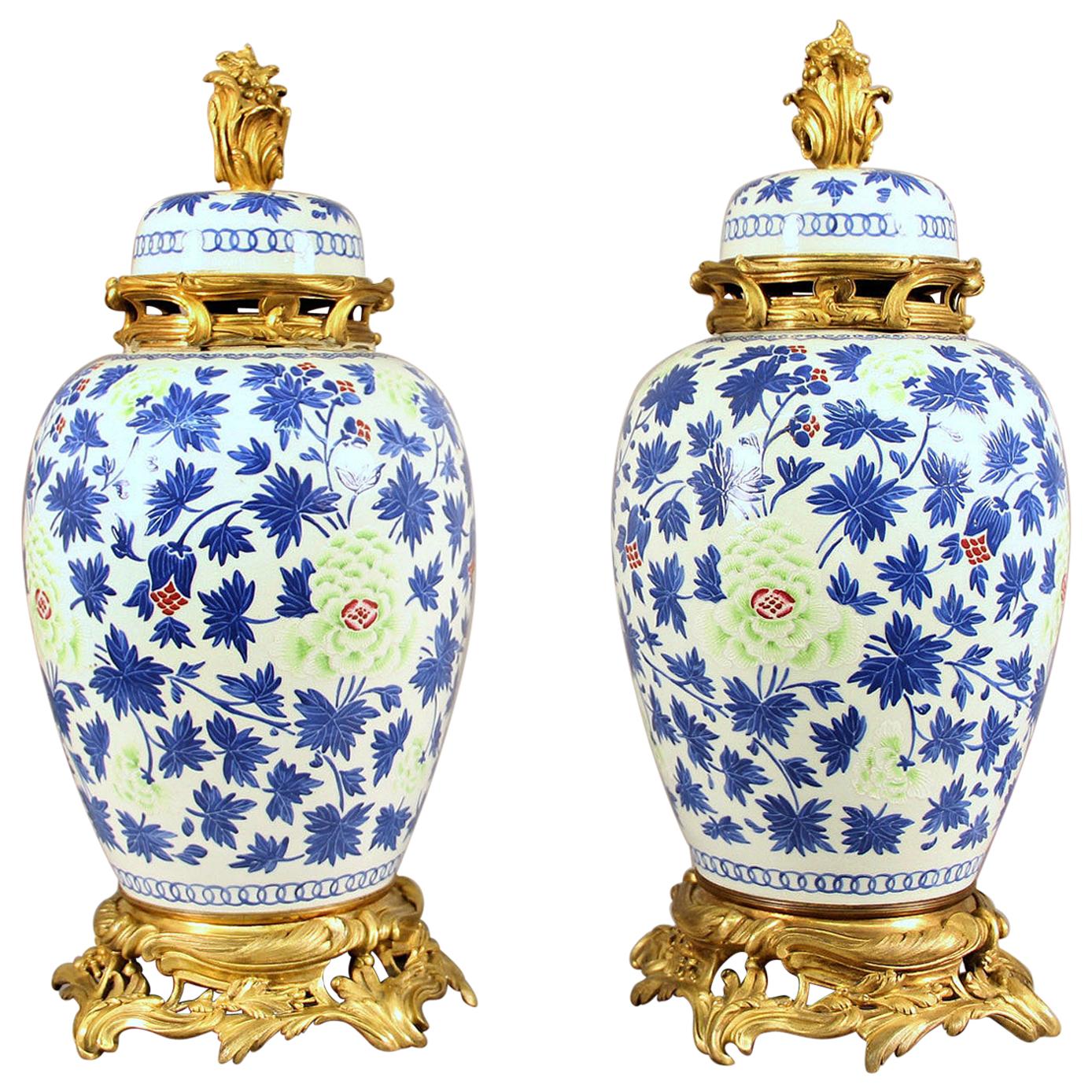 Pair of Late 19th Century Gilt Bronze Mounted Porcelain Vases in Chinese Style