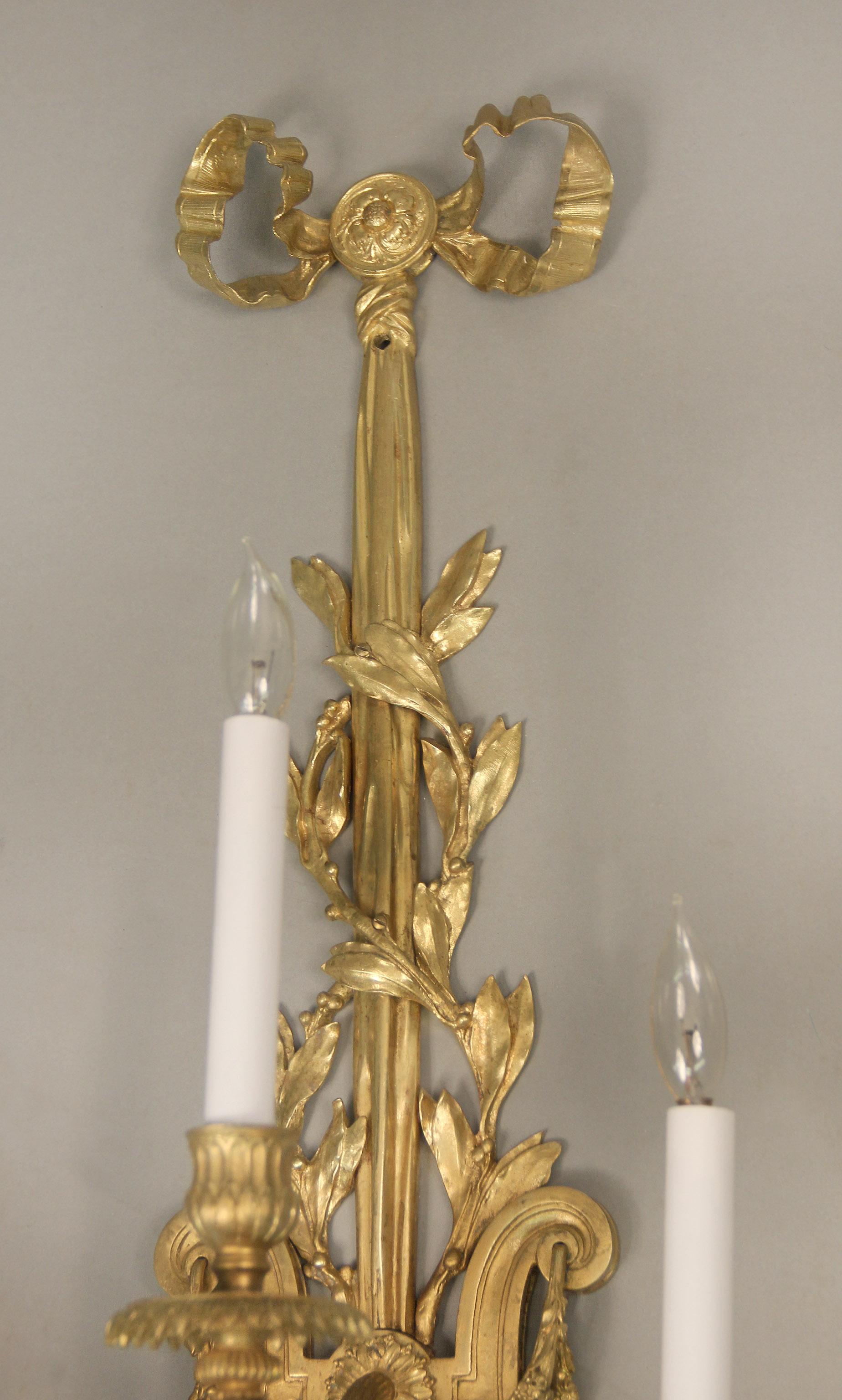 Wonderful Pair of Late 19th Century Gilt Bronze Three Light Cherub Sconces 1