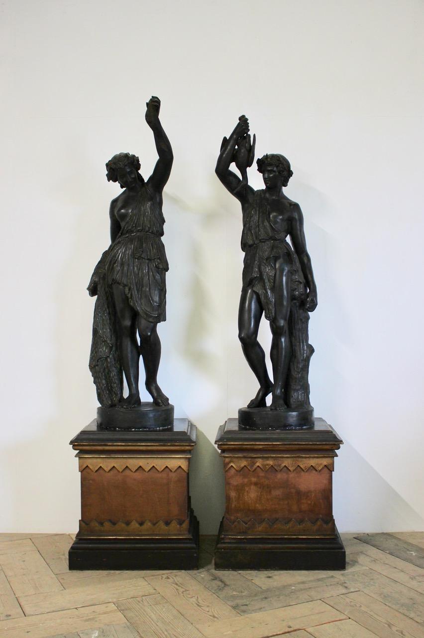 A wonderful pair of late 19th century French gesso statues of a Hunter and his companion in faux bronze, retaining the original decoration and painted plinths, that will make a statement in most settings.
Measurements:
Male 227cm high ( including