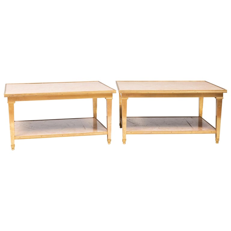 Wonderful Pair of Lorin Marsh Brass Bronze MarbleTop TwoTier Coffee Tables For Sale at 1stDibs