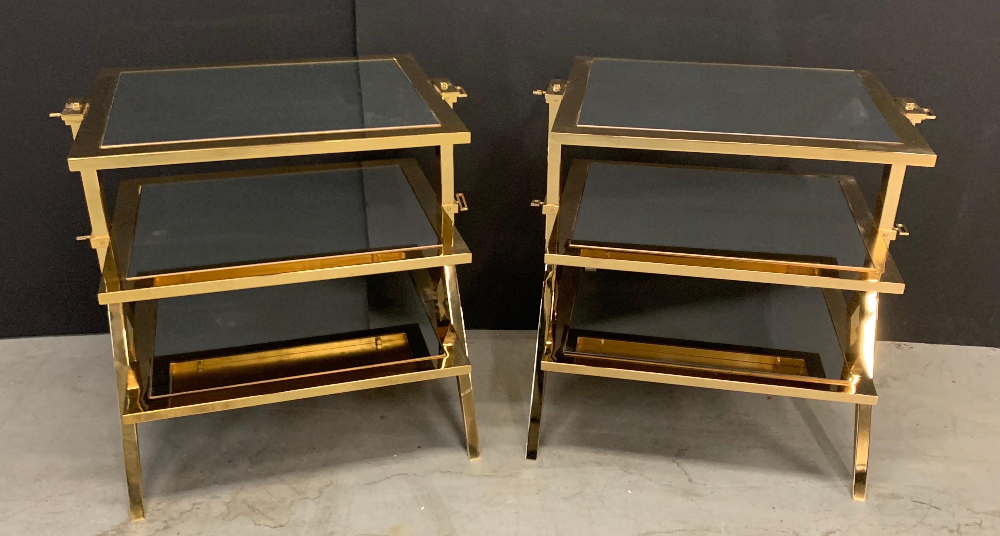 Mid-Century Modern Wonderful Pair of Lorin Marsh Polished Brass and Mirror Three-Tier Side Tables