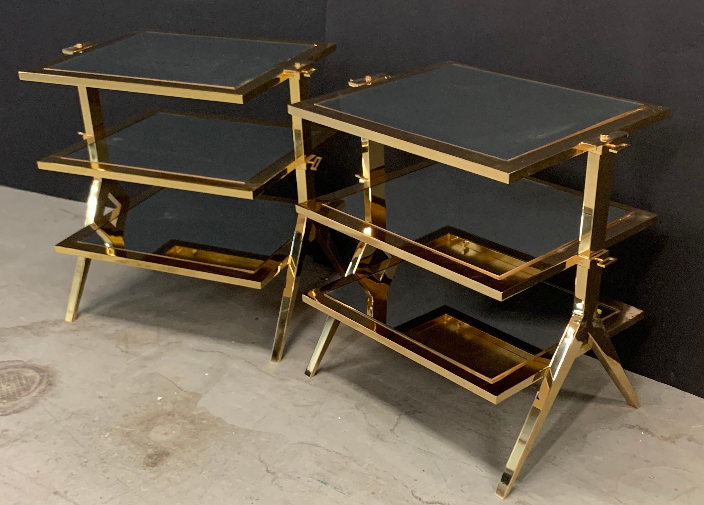 Italian Wonderful Pair of Lorin Marsh Polished Brass and Mirror Three-Tier Side Tables