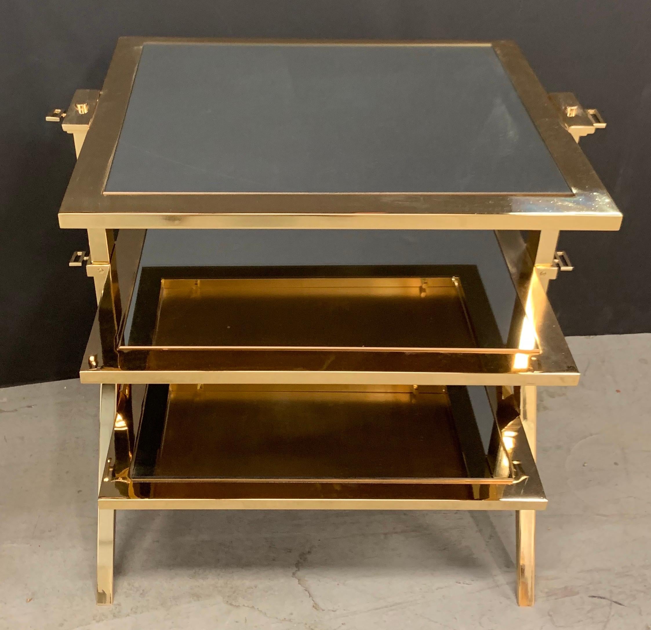 Wonderful Pair of Lorin Marsh Polished Brass and Mirror Three-Tier Side Tables In Good Condition In Roslyn, NY