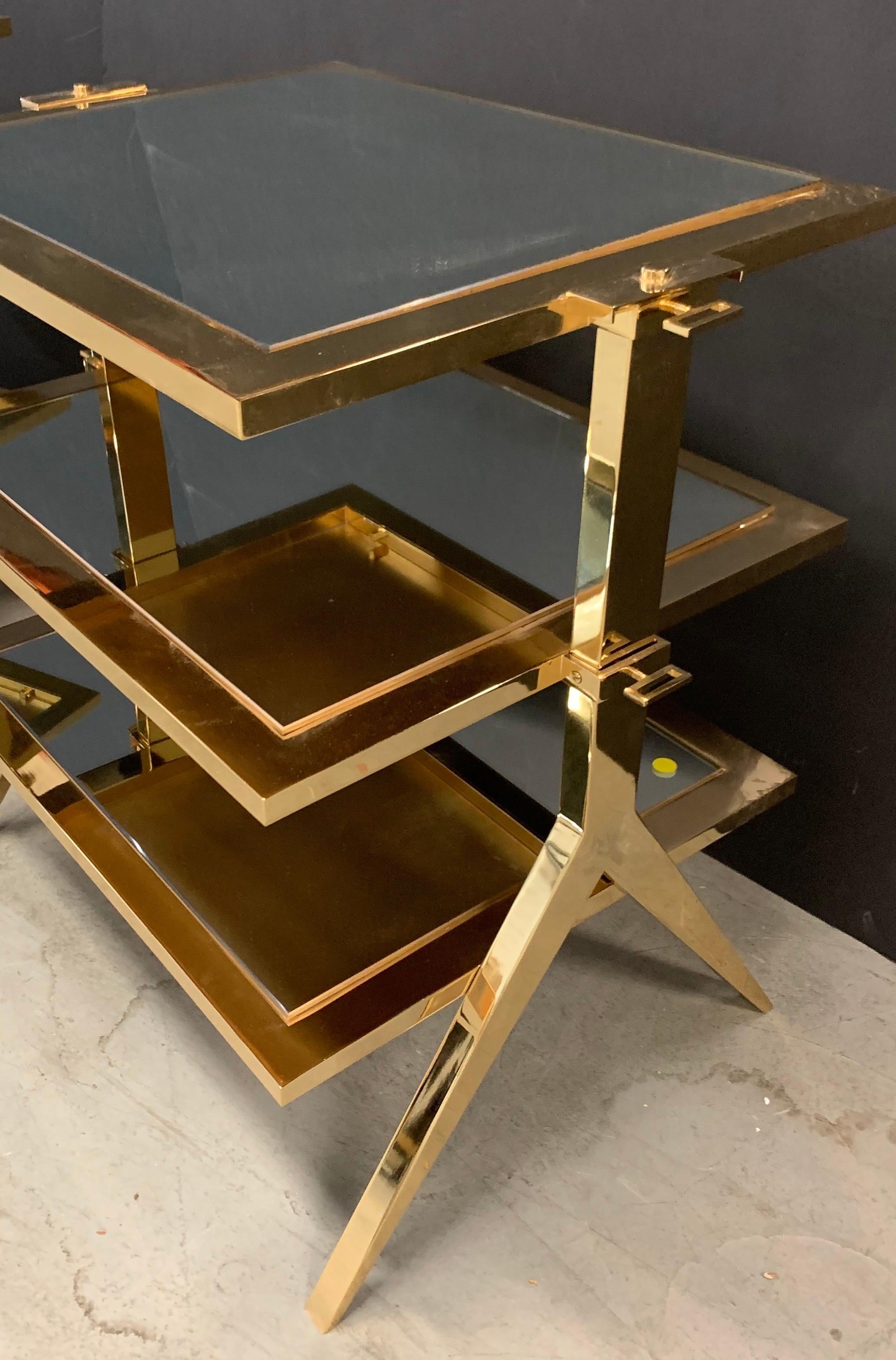 20th Century Wonderful Pair of Lorin Marsh Polished Brass and Mirror Three-Tier Side Tables