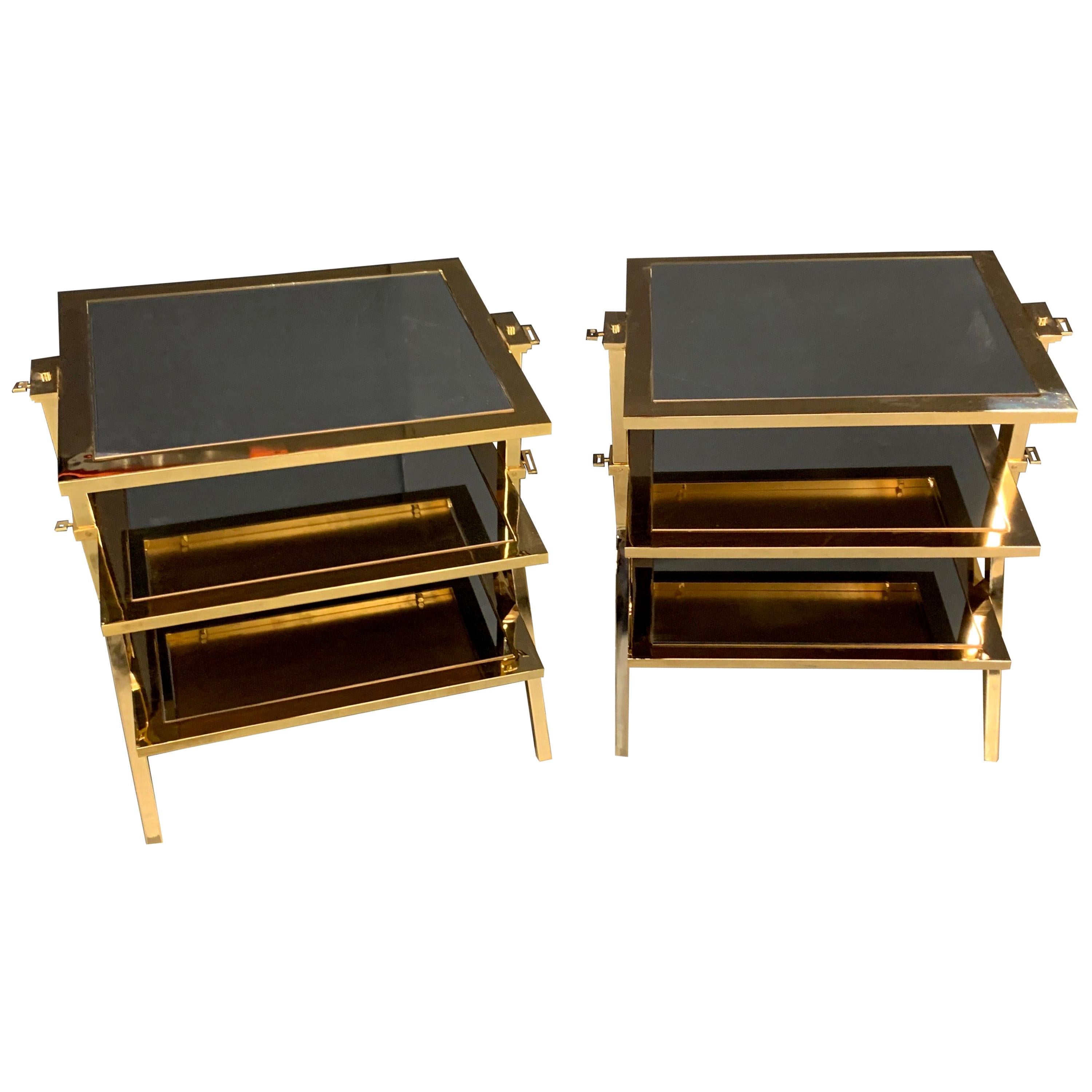 Wonderful Pair of Lorin Marsh Polished Brass and Mirror Three-Tier Side Tables