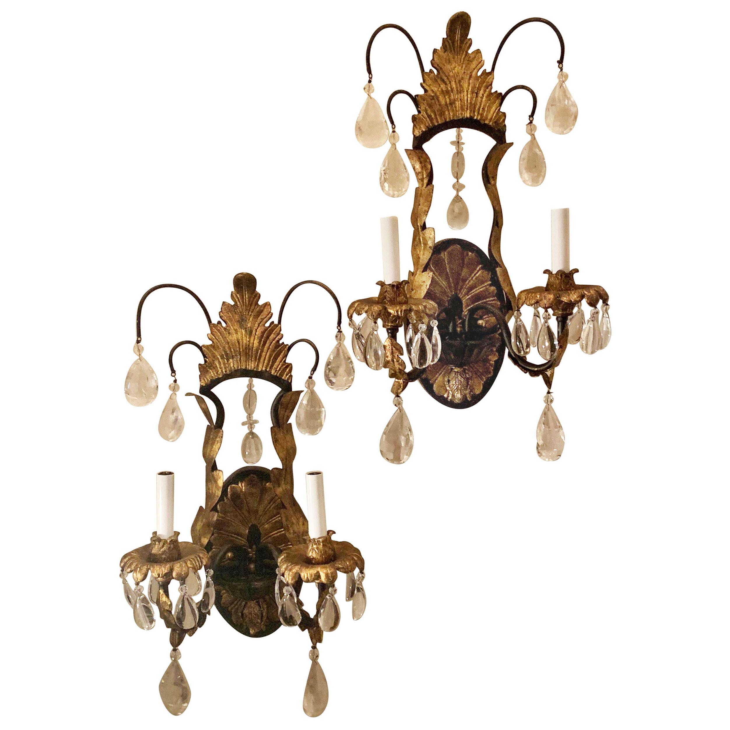 Wonderful Pair of Louis XV Rock Crystal Iron Gold Gilt Filigree Baguès Sconces For Sale