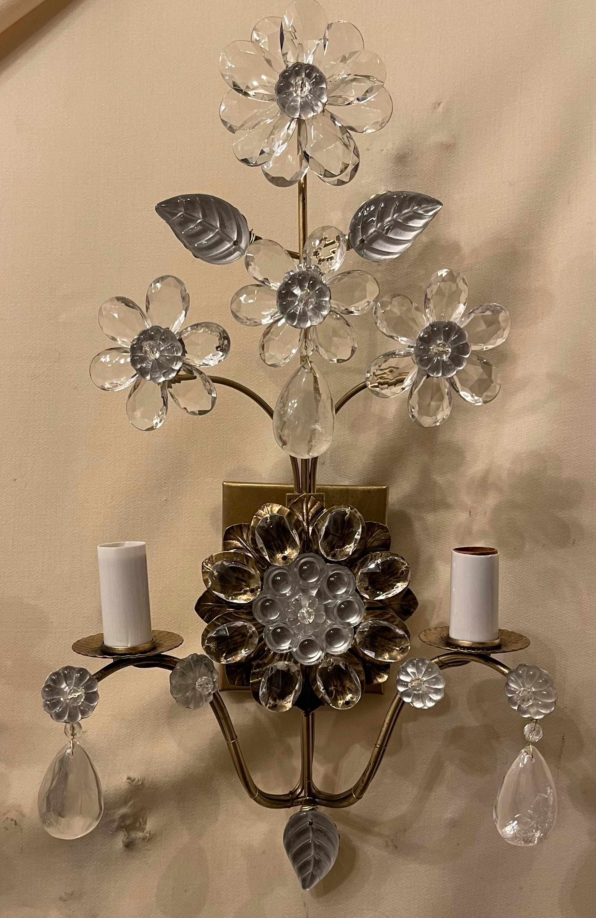 A Wonderful Pair of Maison Baguès Rock Crystal Drop And Gold Gilt Tole With Crystal Flowers And  Leafs Each Of The Sconces With Two Rewired Candelabra Sockets 