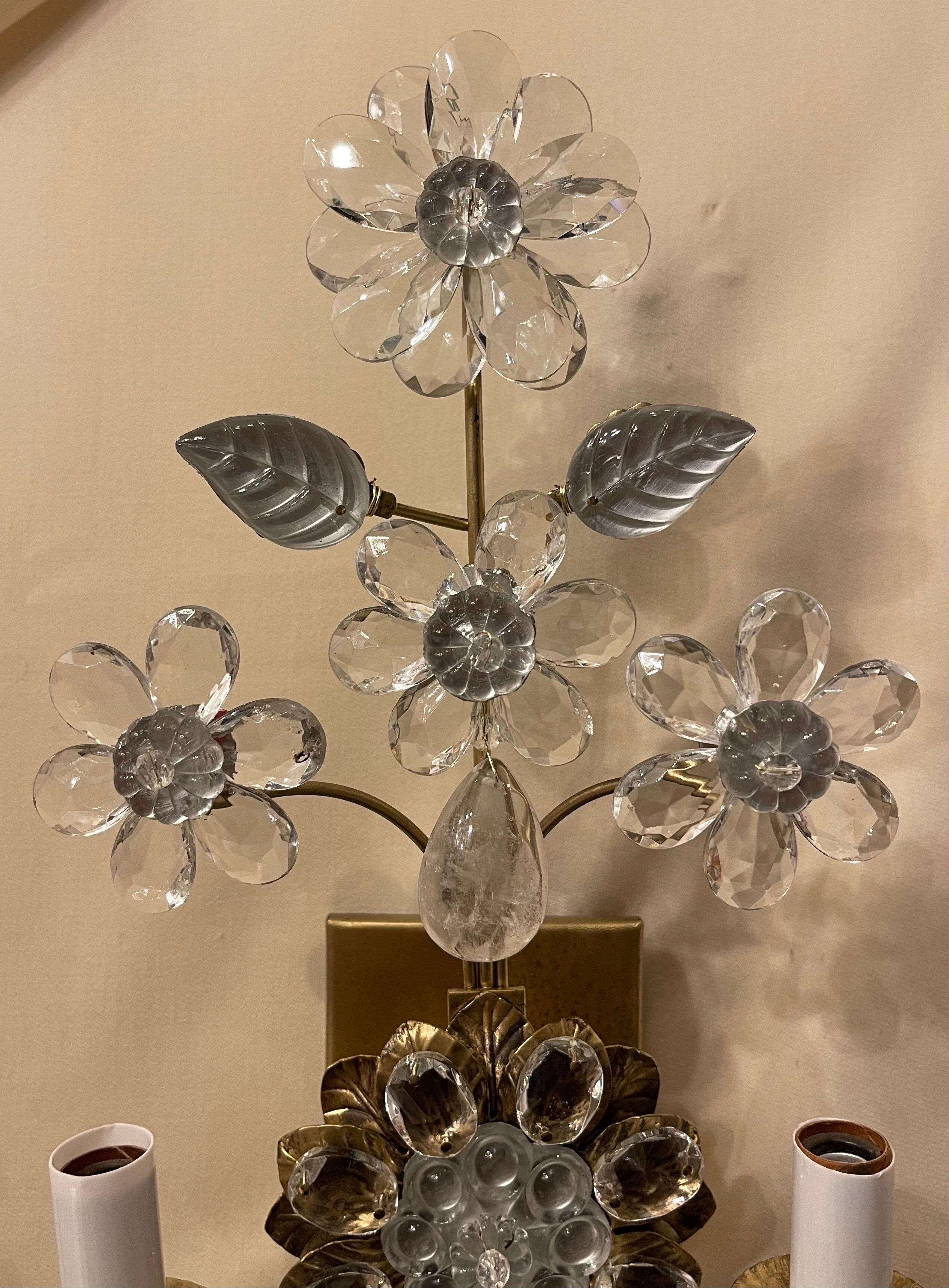 Wonderful Pair of Maison Baguès Rock Crystal Gilt Tole Glass Flower Leaf Sconces In Good Condition For Sale In Roslyn, NY
