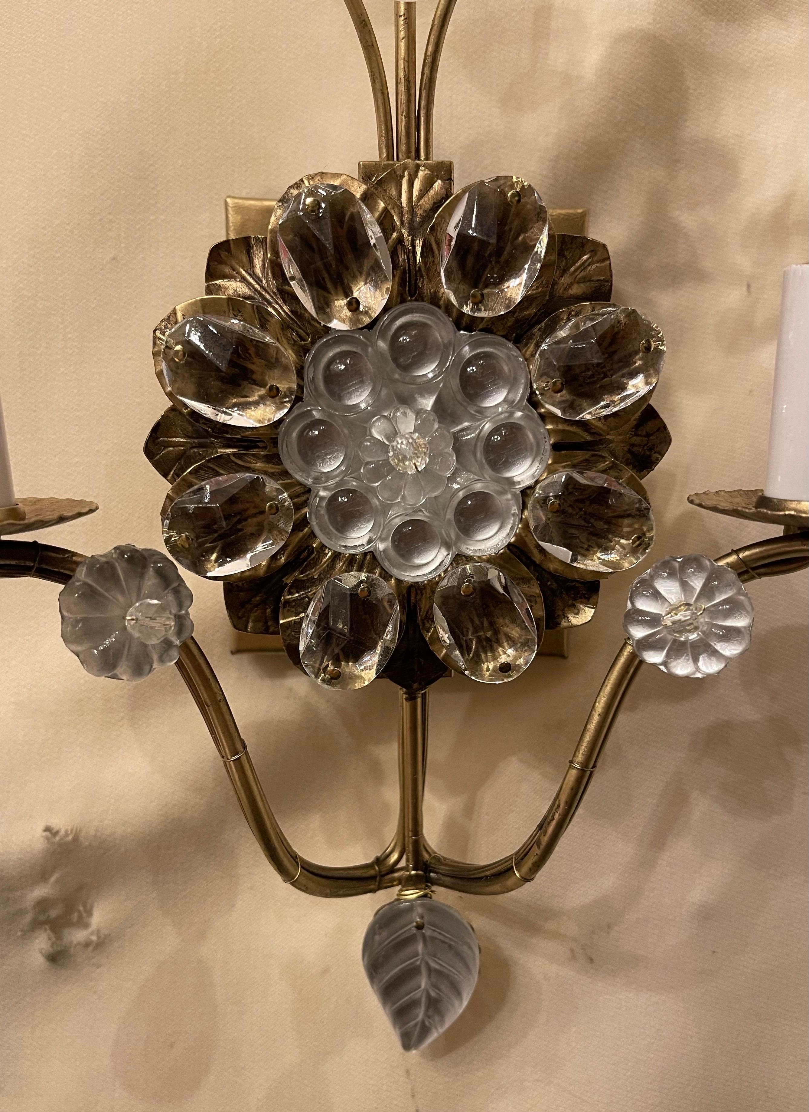 20th Century Wonderful Pair of Maison Baguès Rock Crystal Gilt Tole Glass Flower Leaf Sconces For Sale