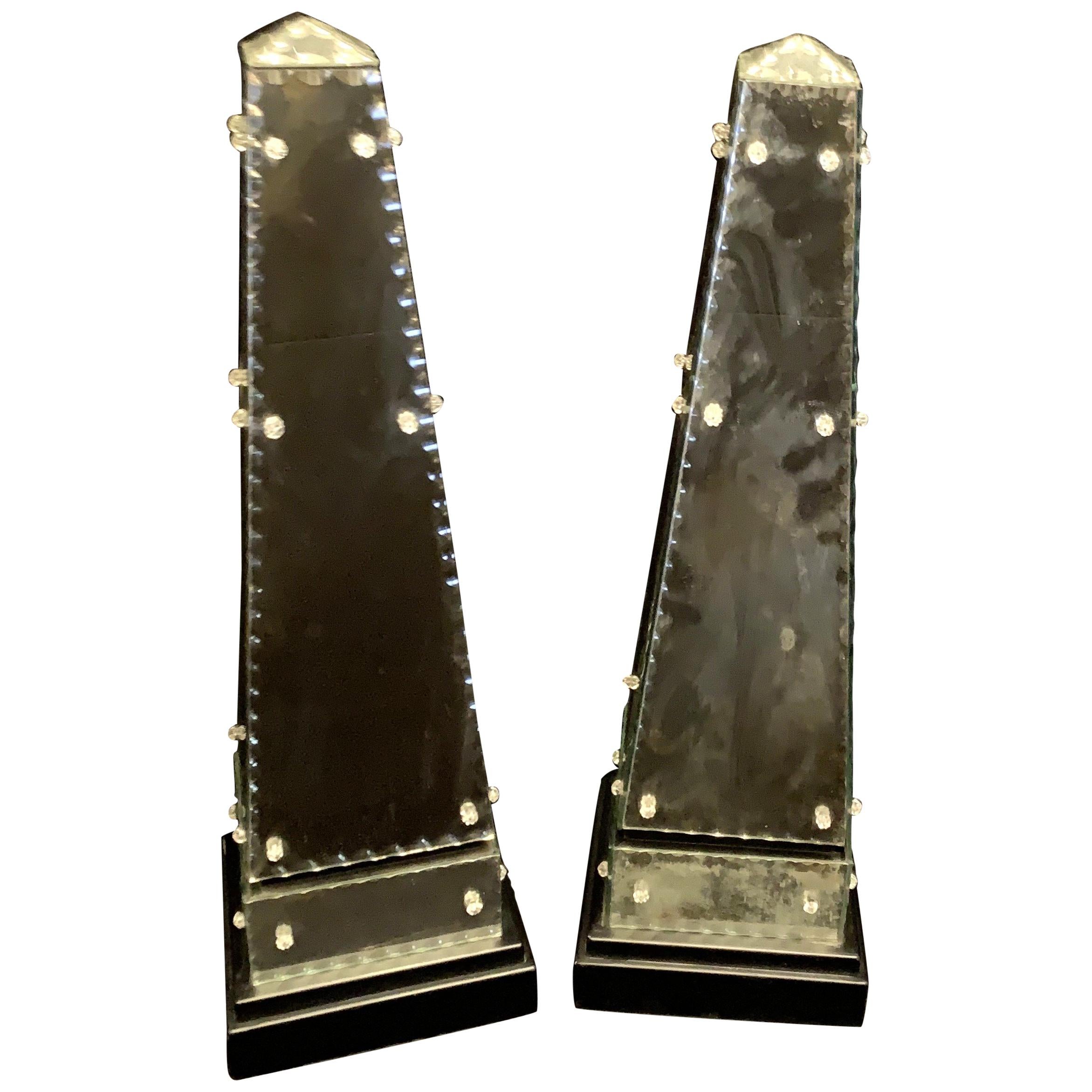 Wonderful Pair of Mid-Century Modern Antiqued Venetian Italian Mirrored Obelisk For Sale