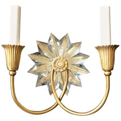 Wonderful Pair of Mid-Century Modern Star Crystal Bronze Gilt Baguès Sconces