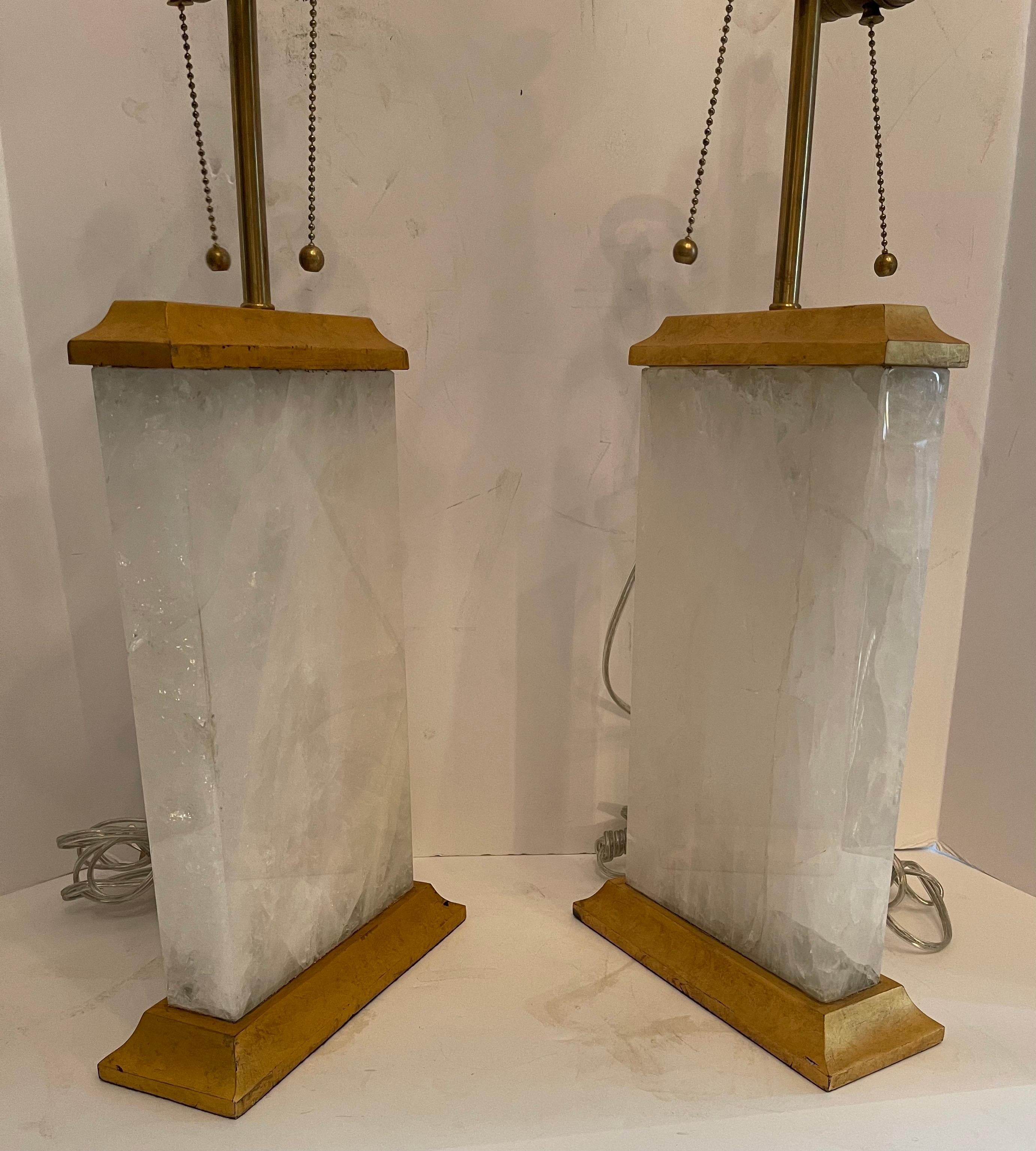 Italian Wonderful Pair of Modern Block Form Rock Crystal Quartz Gold Gilt Metal Lamps