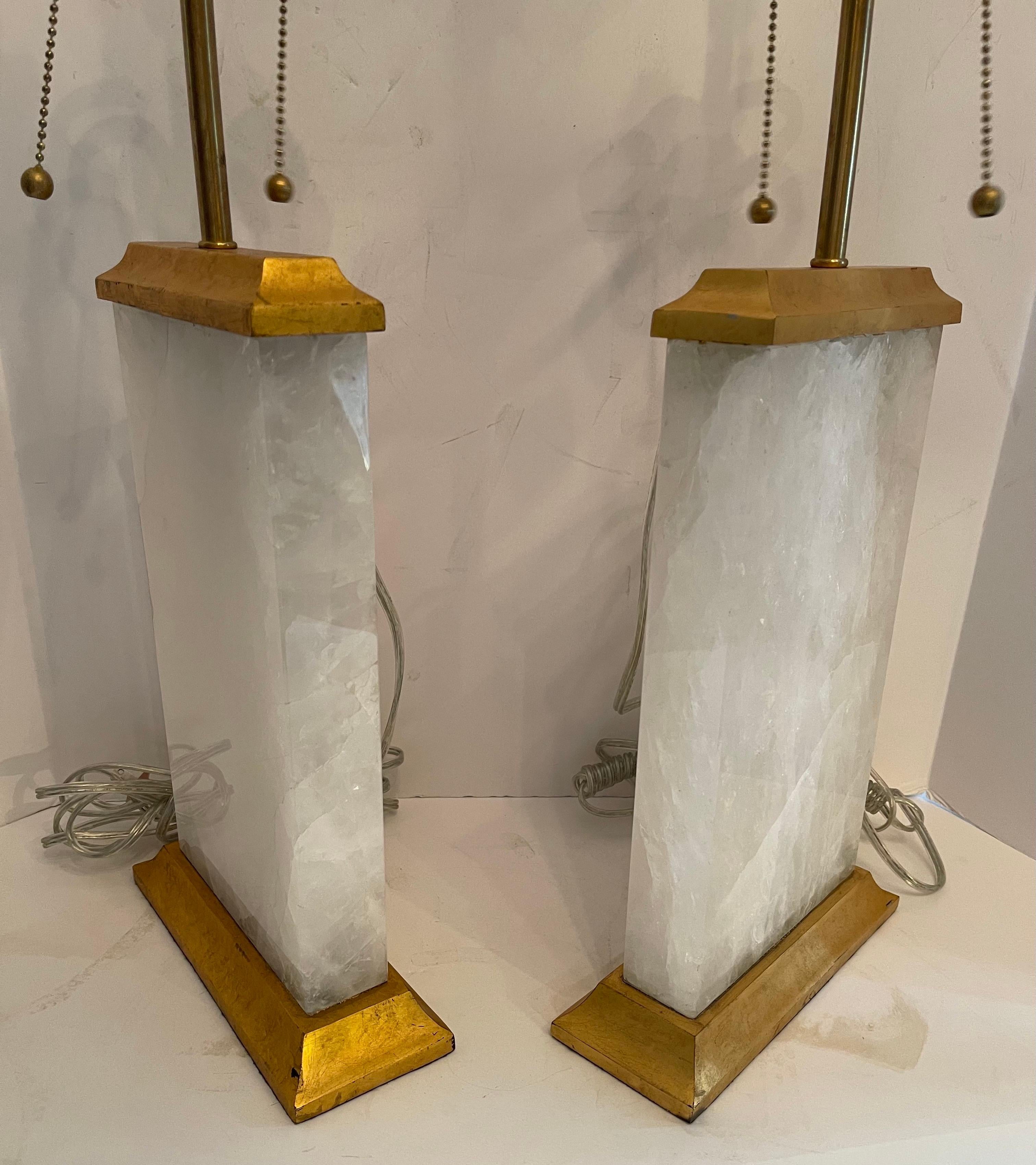 Wonderful Pair of Modern Block Form Rock Crystal Quartz Gold Gilt Metal Lamps In Good Condition In Roslyn, NY