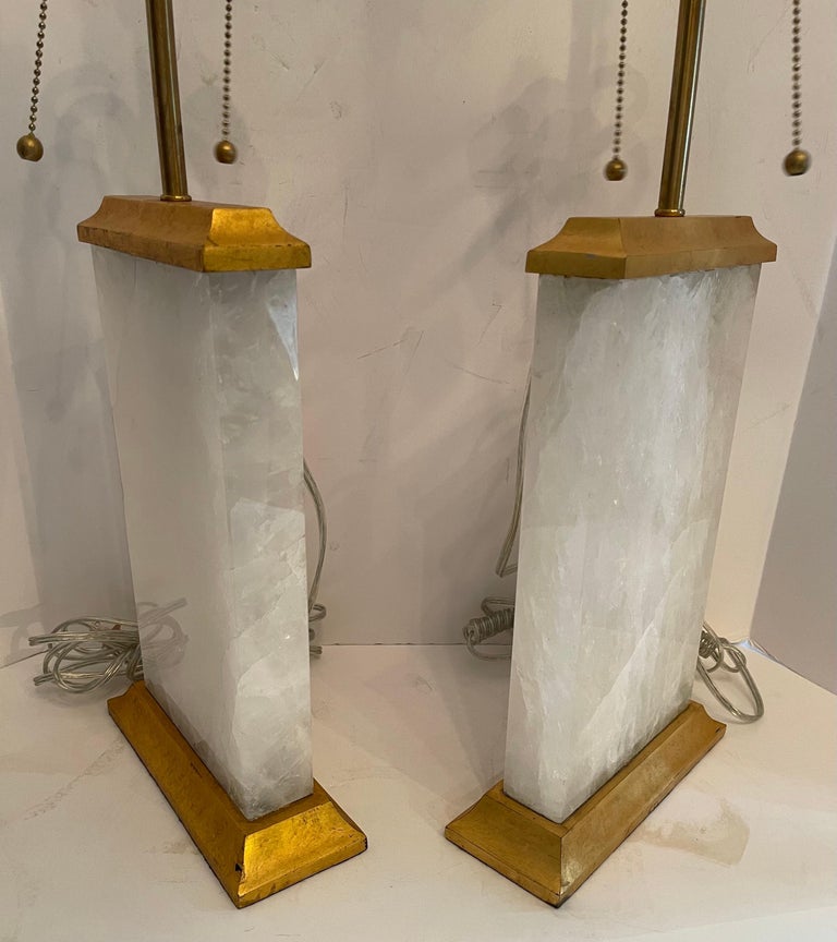 Wonderful Pair of Modern Block Form Rock Crystal Quartz Gold Gilt Metal Lamps In Good Condition For Sale In Roslyn, NY