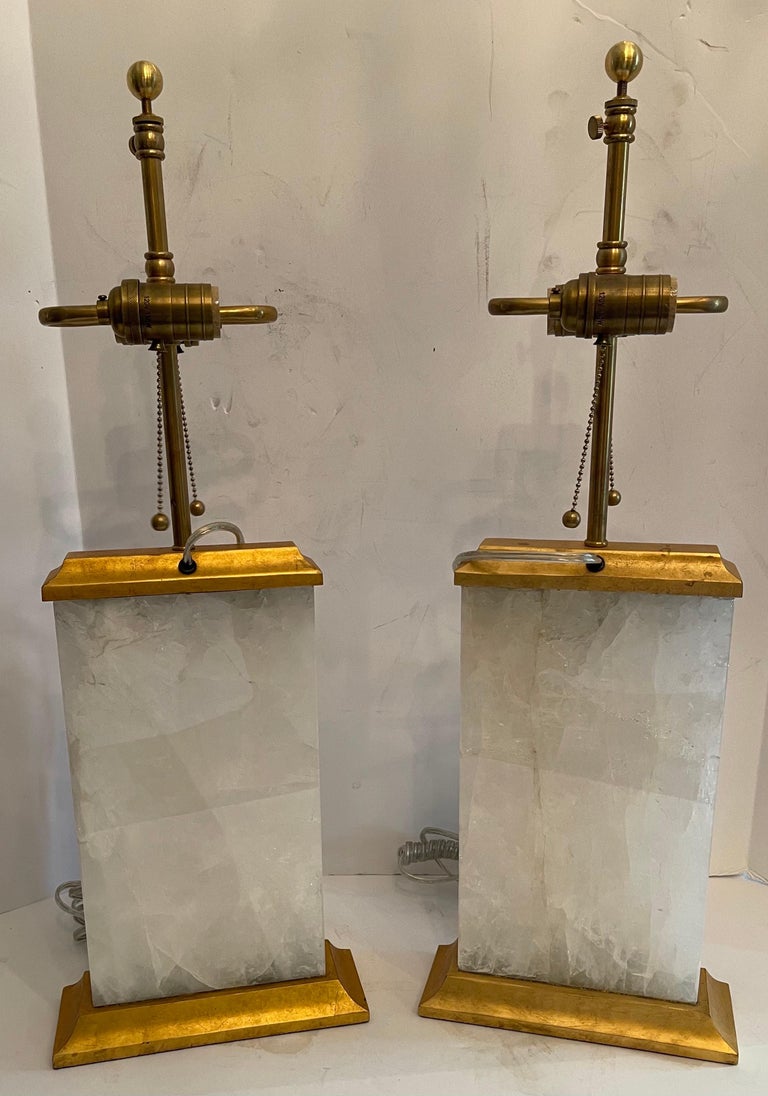 20th Century Wonderful Pair of Modern Block Form Rock Crystal Quartz Gold Gilt Metal Lamps For Sale
