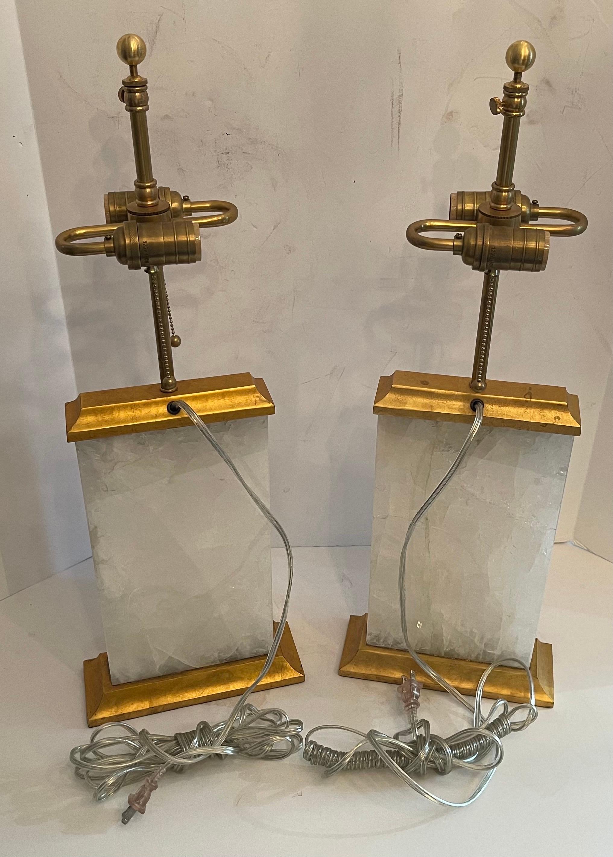 Wonderful Pair of Modern Block Form Rock Crystal Quartz Gold Gilt Metal Lamps 1