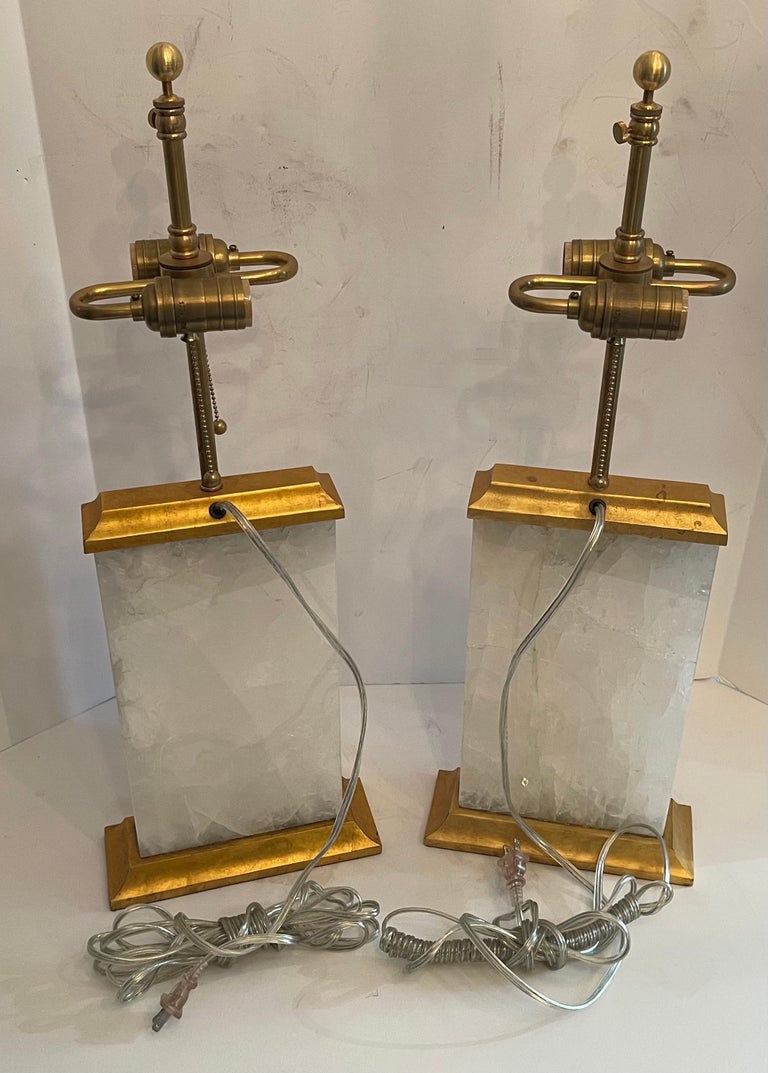 Wonderful Pair of Modern Block Form Rock Crystal Quartz Gold Gilt Metal Lamps For Sale 1