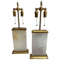 Wonderful Pair of Modern Block Form Rock Crystal Quartz Gold Gilt Metal Lamps