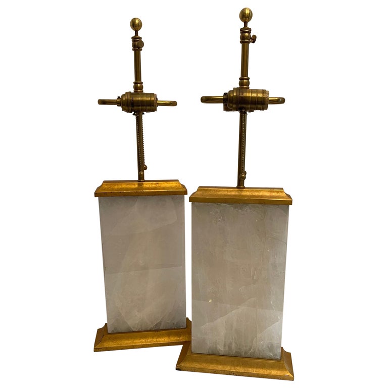 Wonderful Pair of Modern Block Form Rock Crystal Quartz Gold Gilt Metal Lamps For Sale