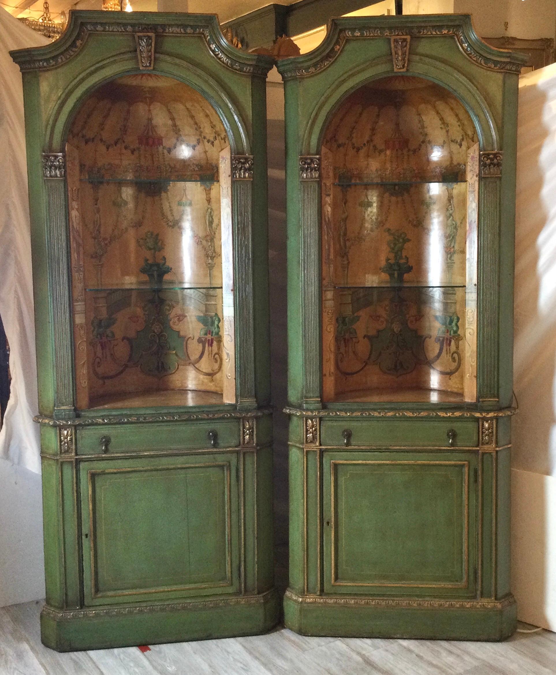 Wonderful Pair of Neo Classical Corner Cabinets w/ Hand Painted Curved Interiors 6