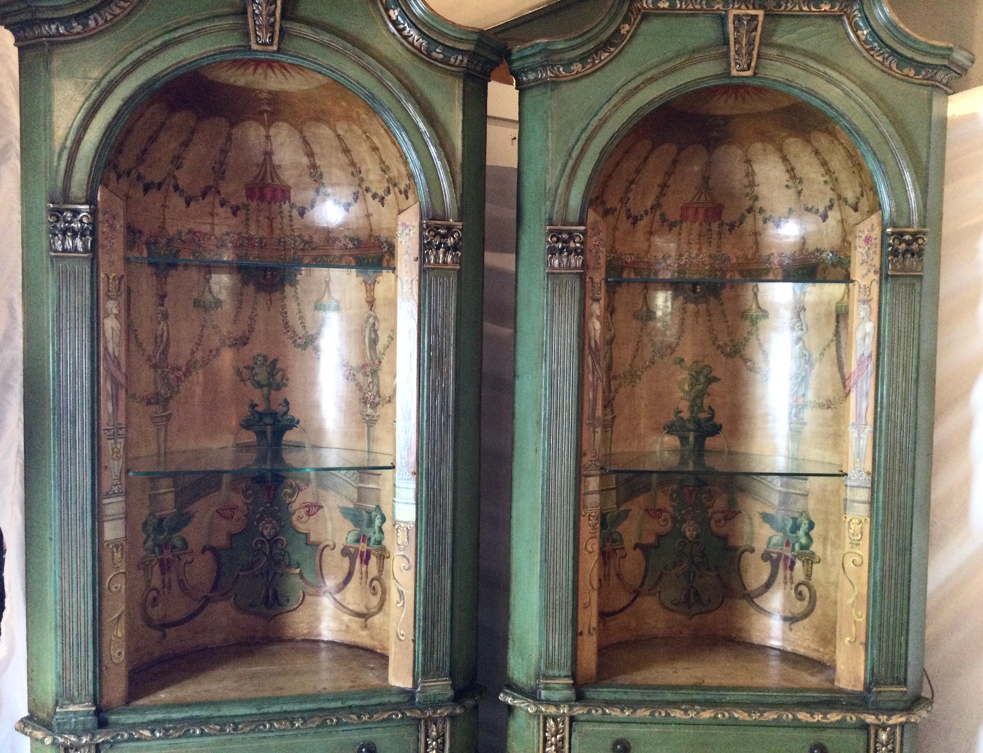 Wonderful Pair of Neo Classical Corner Cabinets w/ Hand Painted Curved Interiors 9