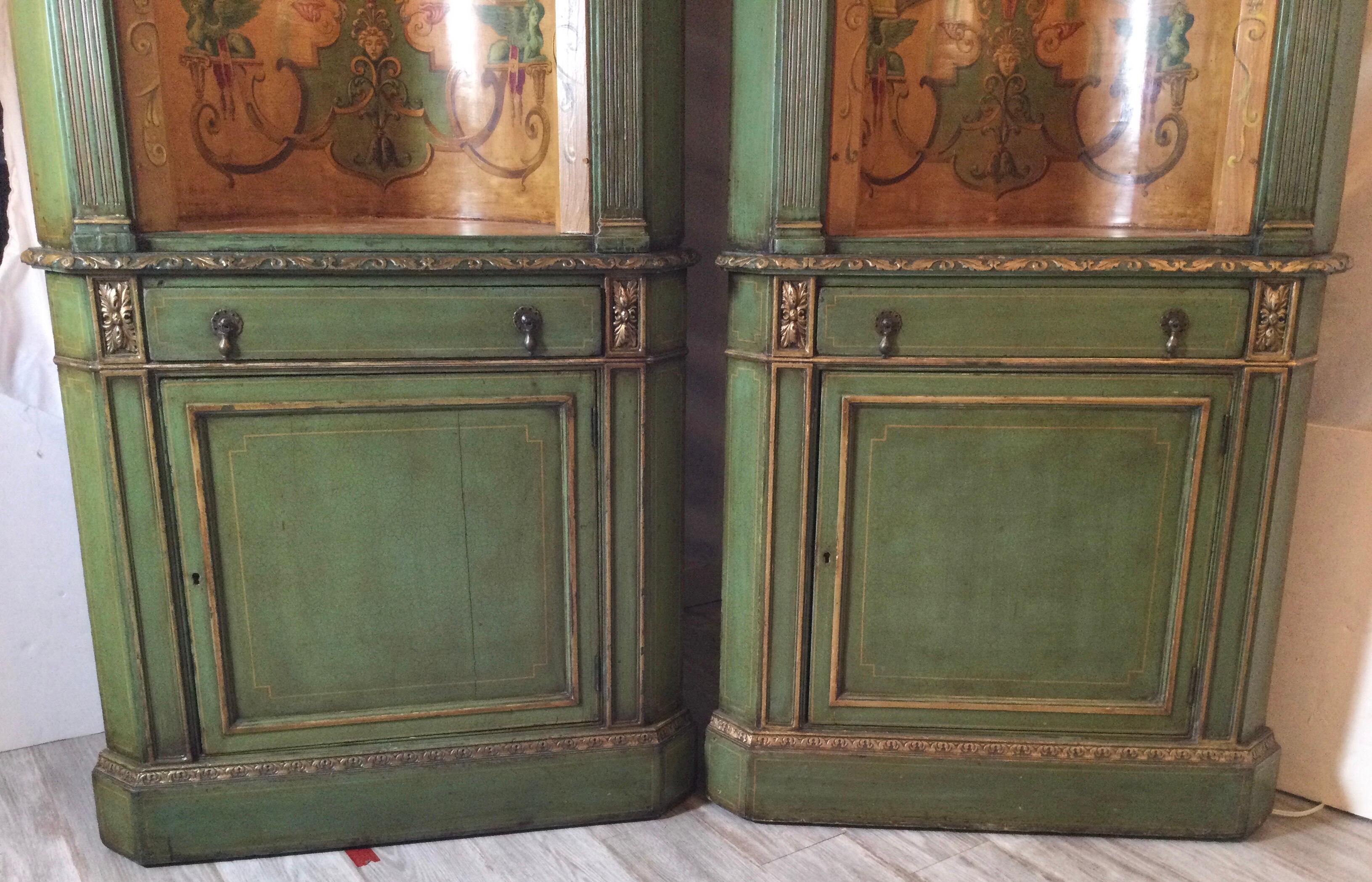 Neoclassical Revival Wonderful Pair of Neo Classical Corner Cabinets w/ Hand Painted Curved Interiors