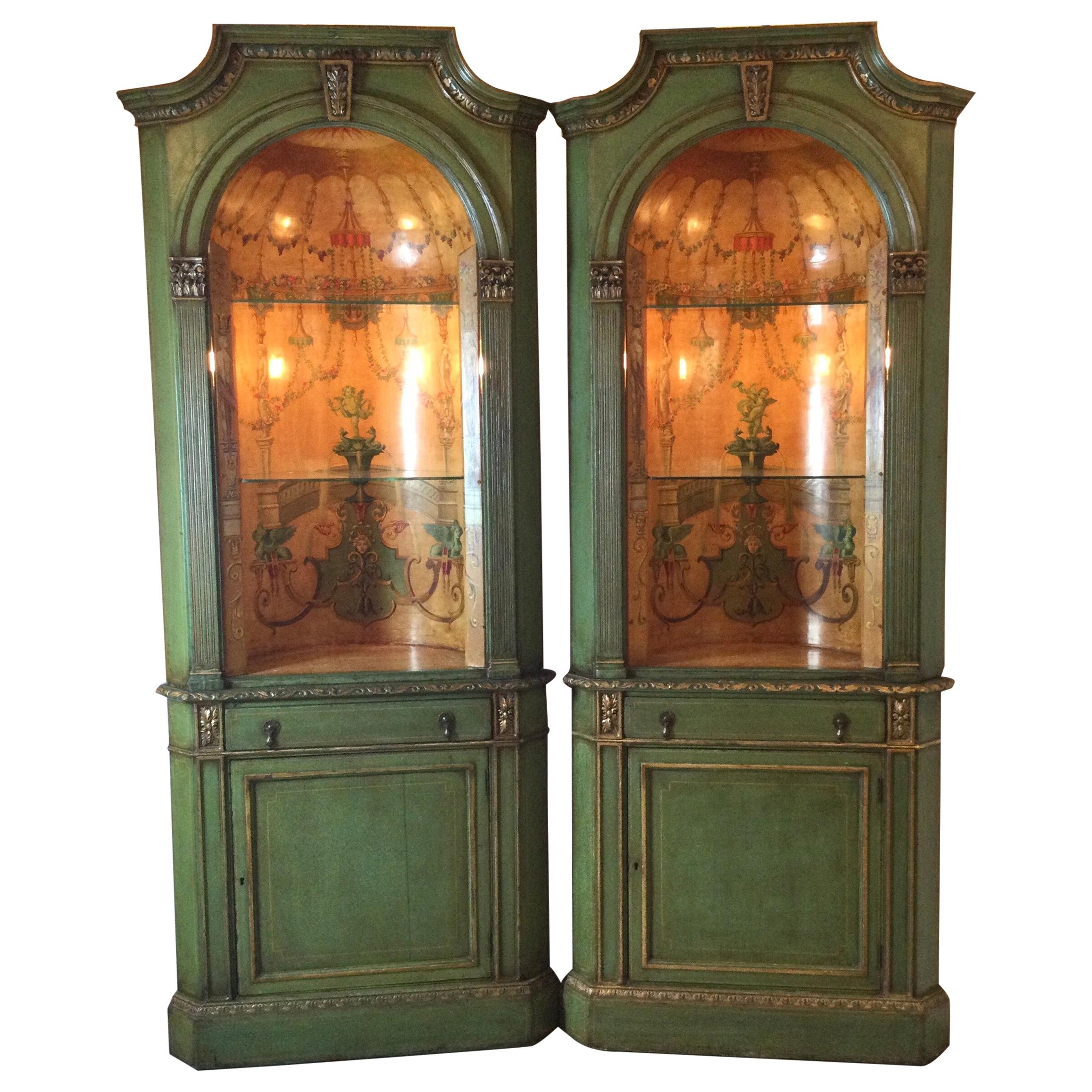 Wonderful Pair of Neo Classical Corner Cabinets w/ Hand Painted Curved Interiors