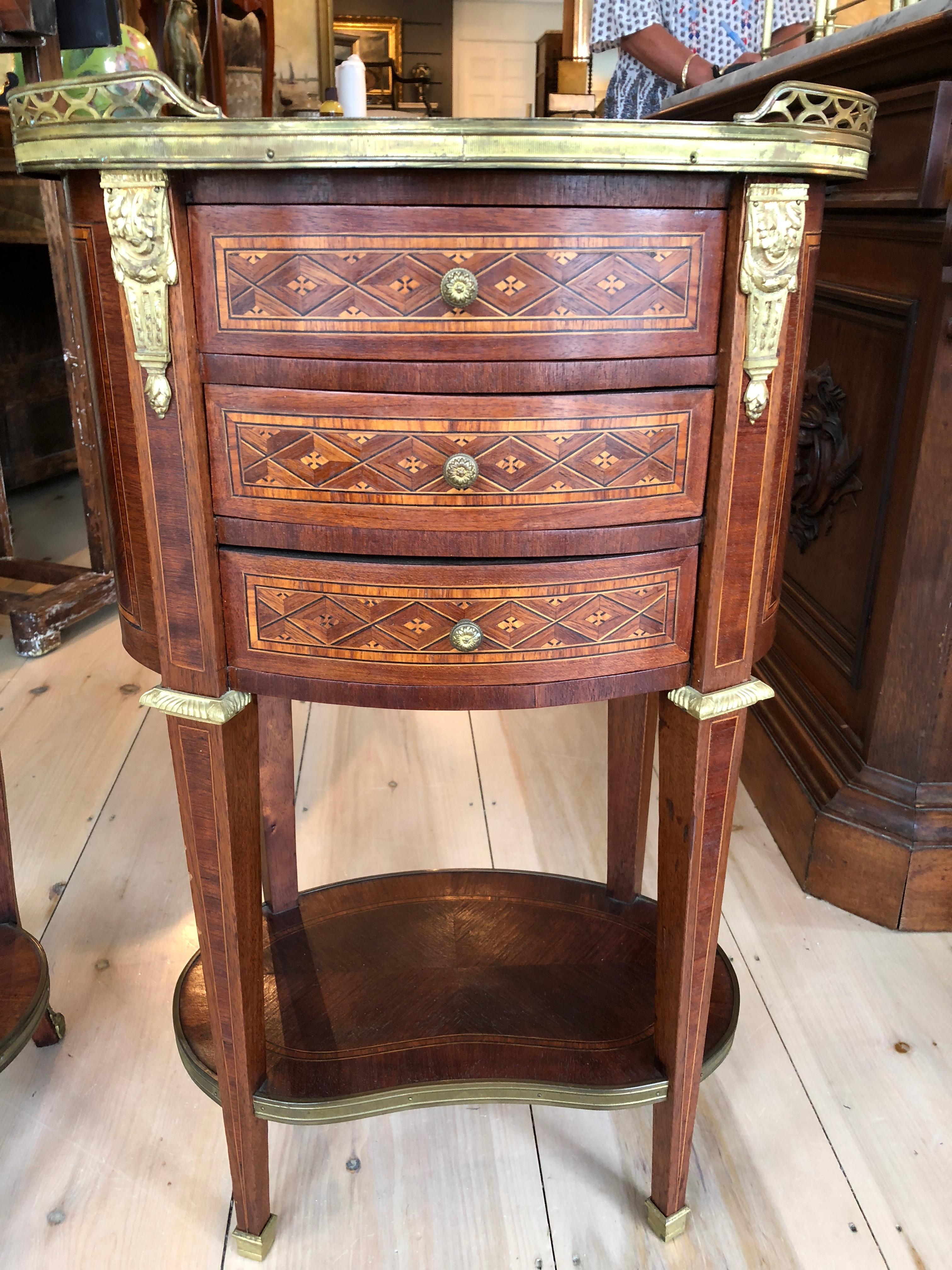 French Wonderful Pair of Oval Inlay Mahogany and Marble Nightstands
