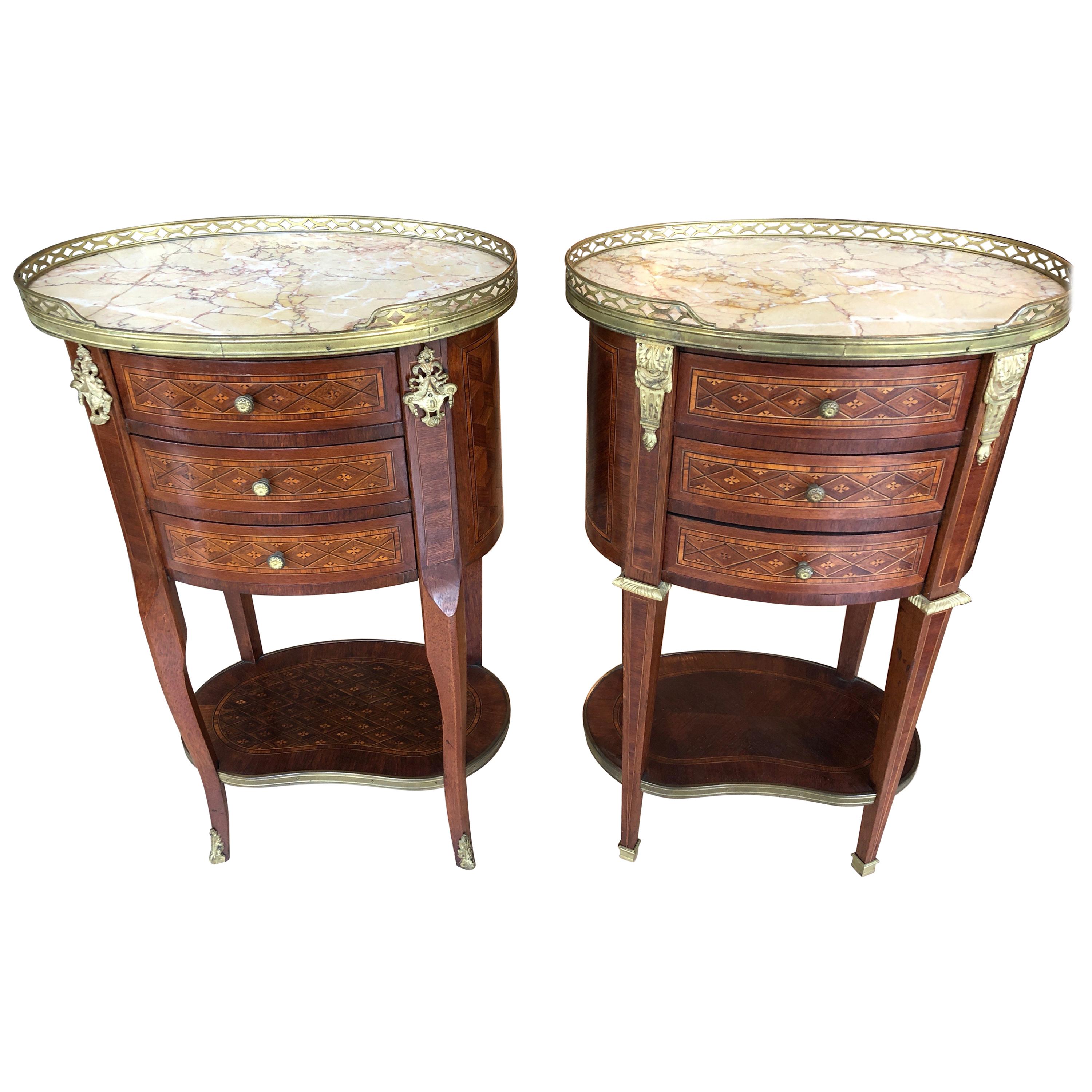 Wonderful Pair of Oval Inlay Mahogany and Marble Nightstands