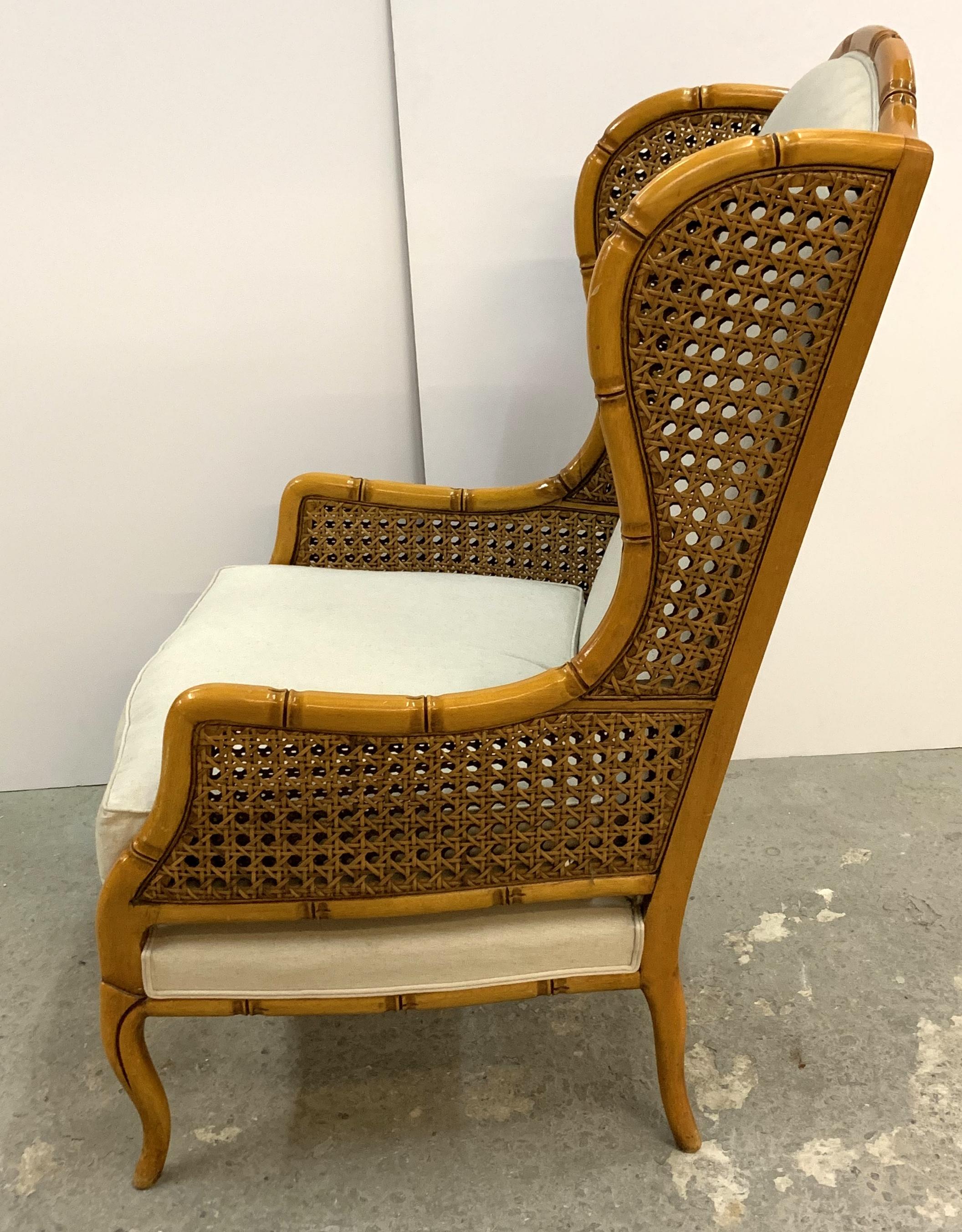 20th Century Wonderful Pair of Oversized Rattan Bamboo Carved Wood English Wing Armchairs