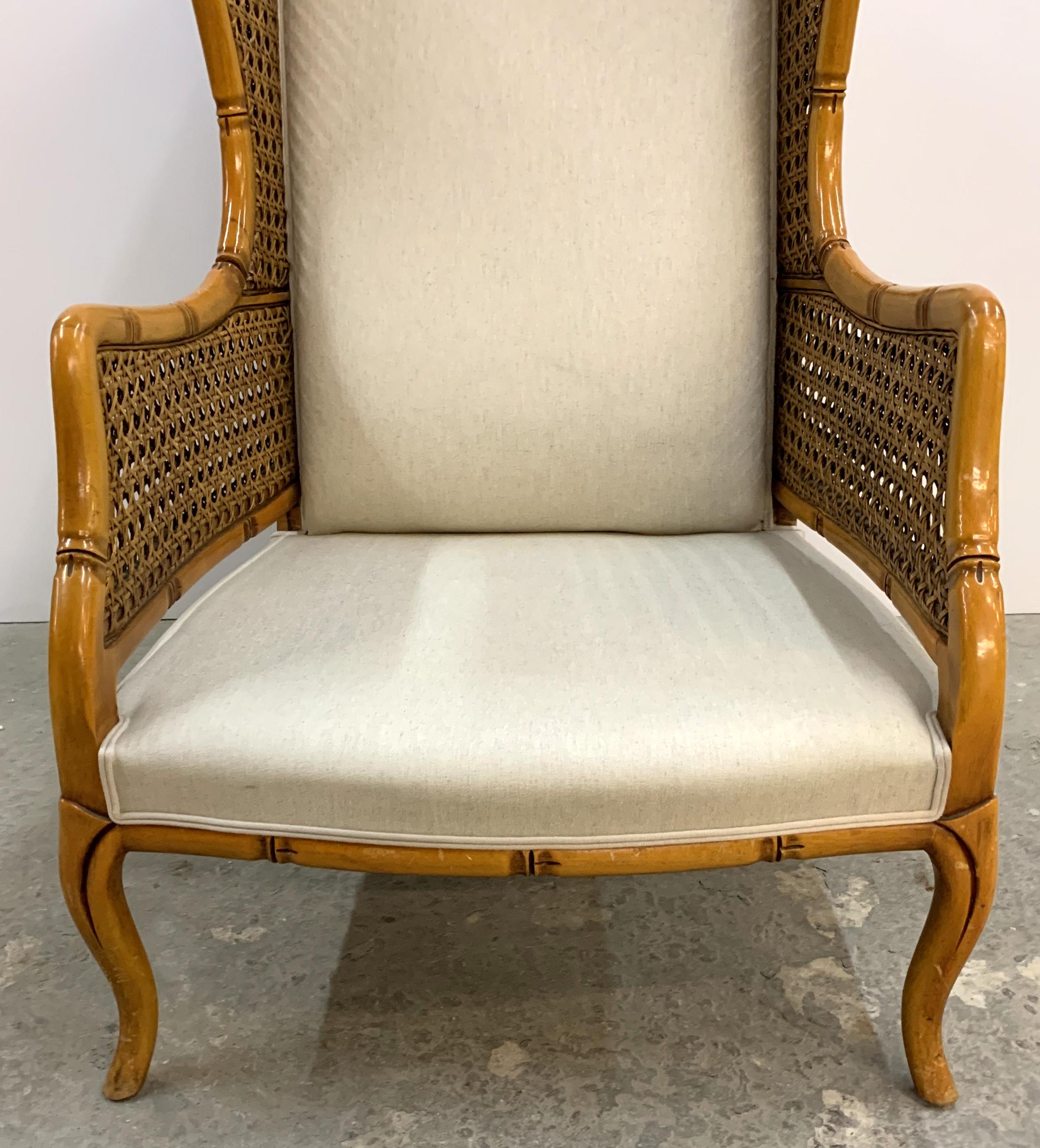 Wonderful Pair of Oversized Rattan Bamboo Carved Wood English Wing Armchairs 2