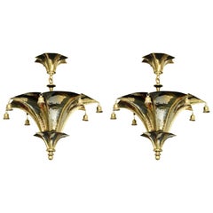 Wonderful Pair of Pagoda Brass Light Fixtures Bells Semi Flushmount Chandeliers