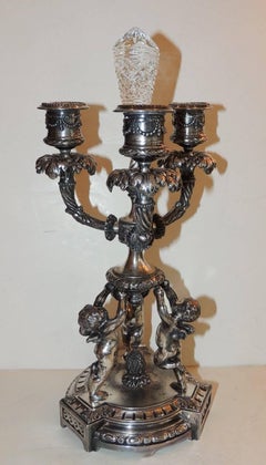 Wonderful Pair of Pairpoint Silvered Bronze Trio Cherub Candelabras Candlesticks