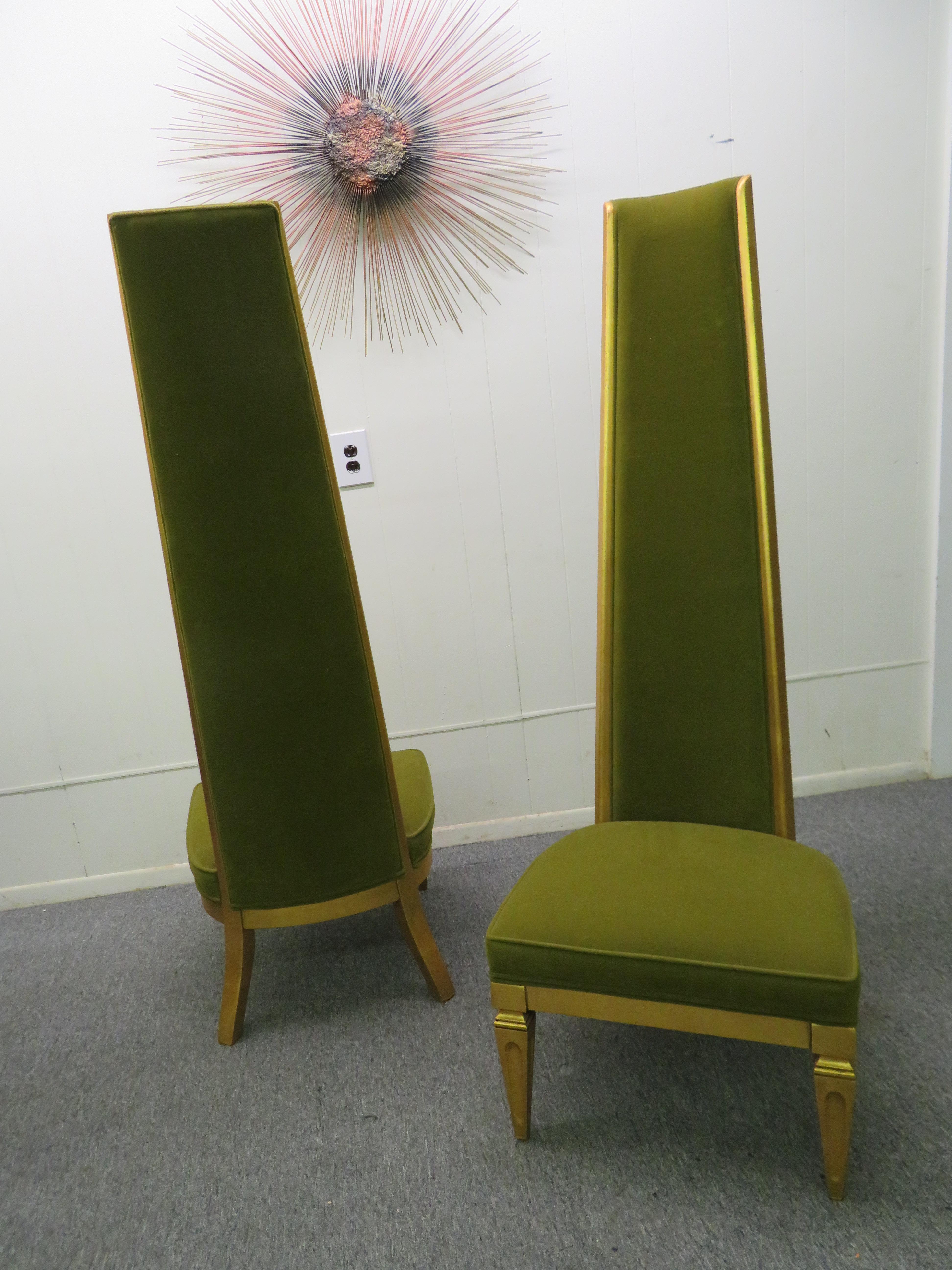 Wonderful pair of super tall back slipper lounge chairs. We absolutely love how slender and tall those backs are -they measure a whopping 60