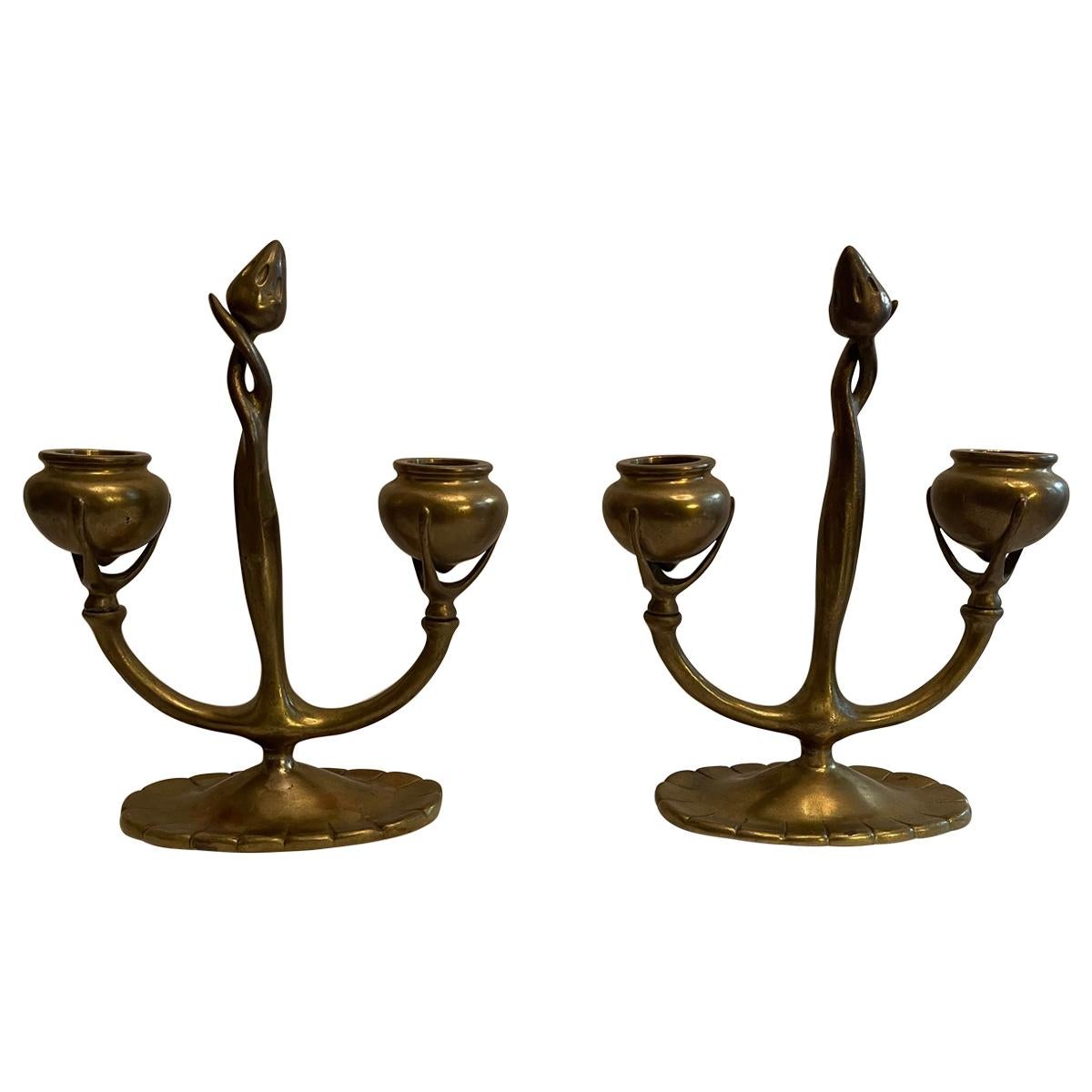 Wonderful Pair of Tiffany Studios Dore Bronze Art Nouveau Two Arm Candelabras