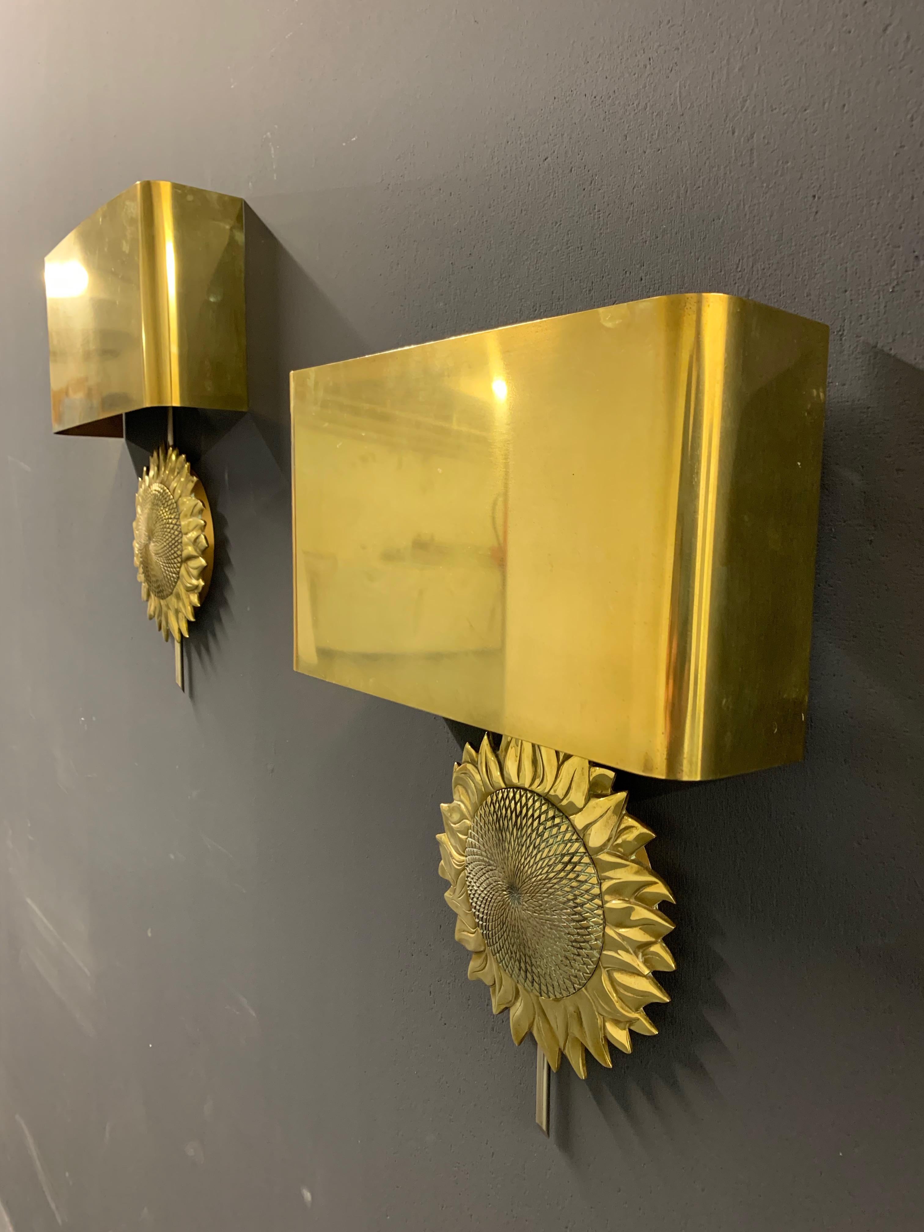 Bronze Wonderful Pair of Tournesol Wall Scones by Maison Charles For Sale