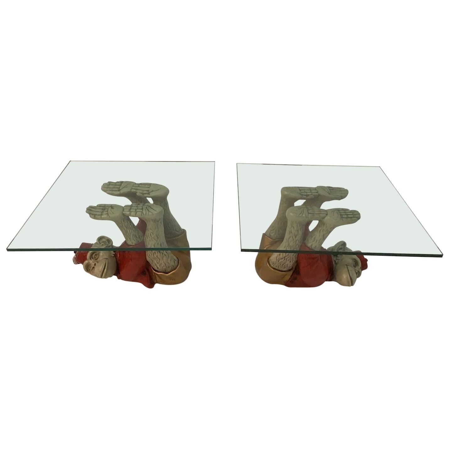 Wonderful Pair of Whimsical Monkey Motife End Tables Coffee Table For Sale