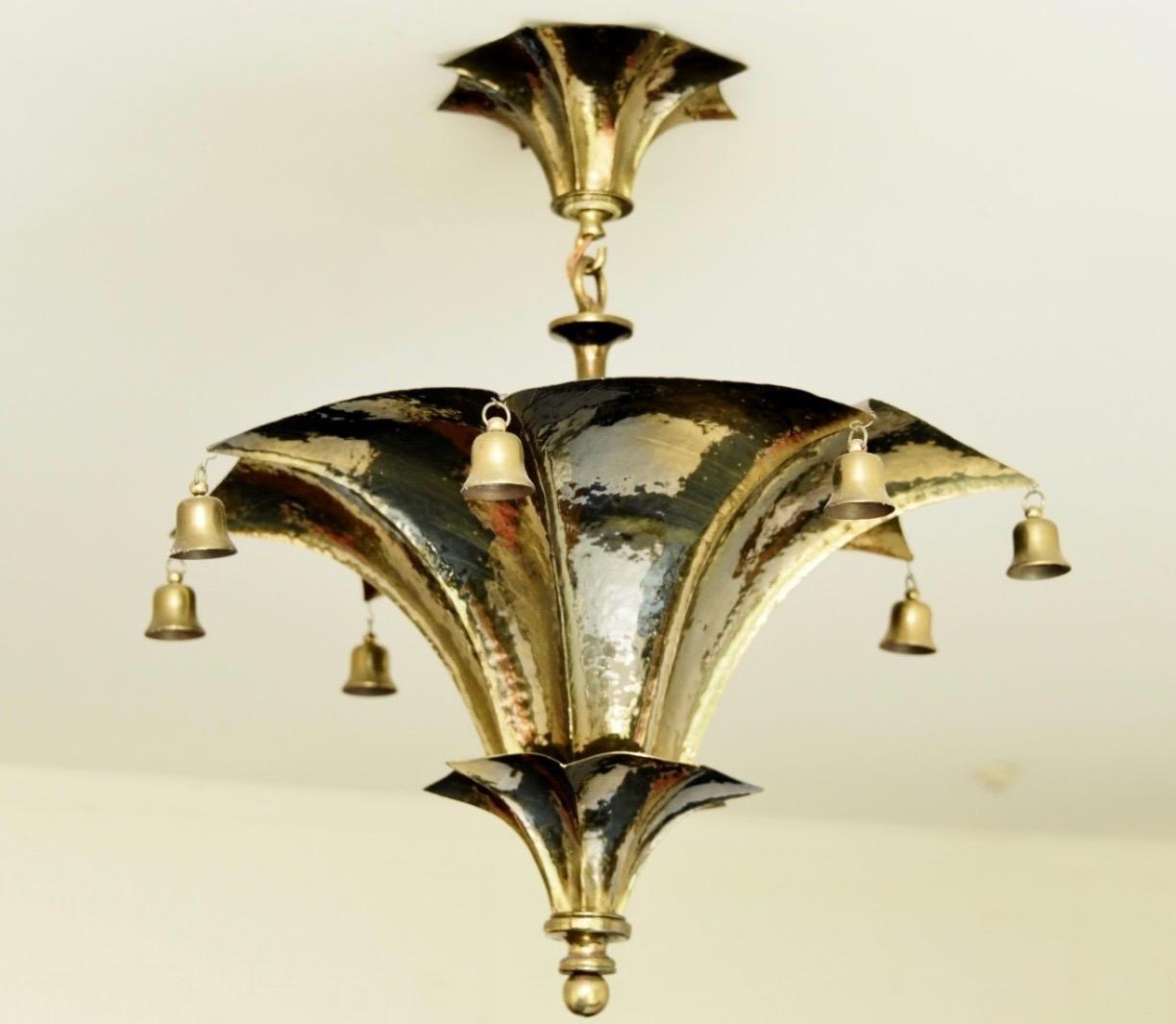 Belle Époque Wonderful Pair of Pagoda Brass Light Fixtures Bells Semi Flushmount Chandeliers