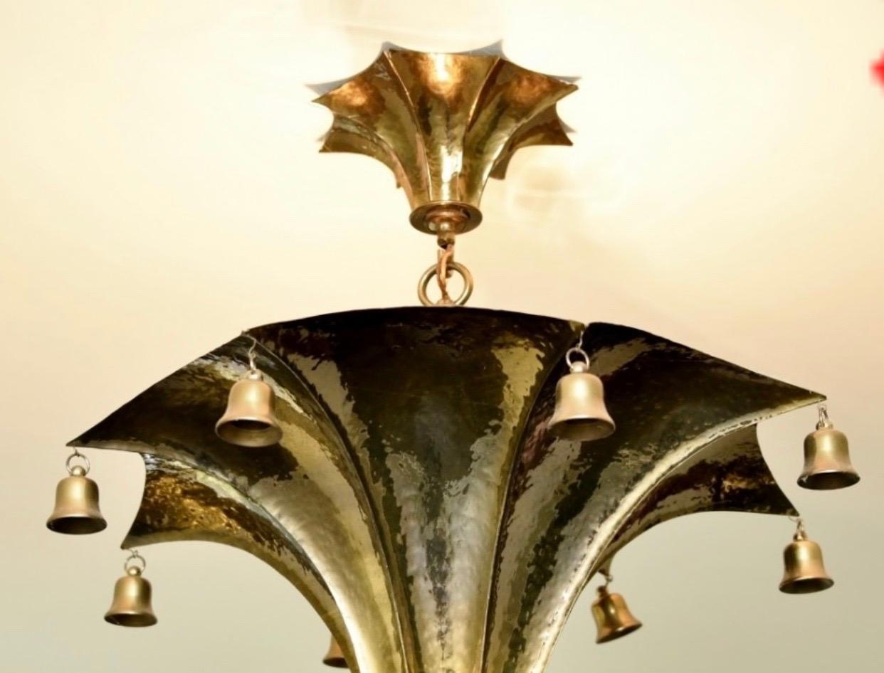 Polished Wonderful Pair of Pagoda Brass Light Fixtures Bells Semi Flushmount Chandeliers