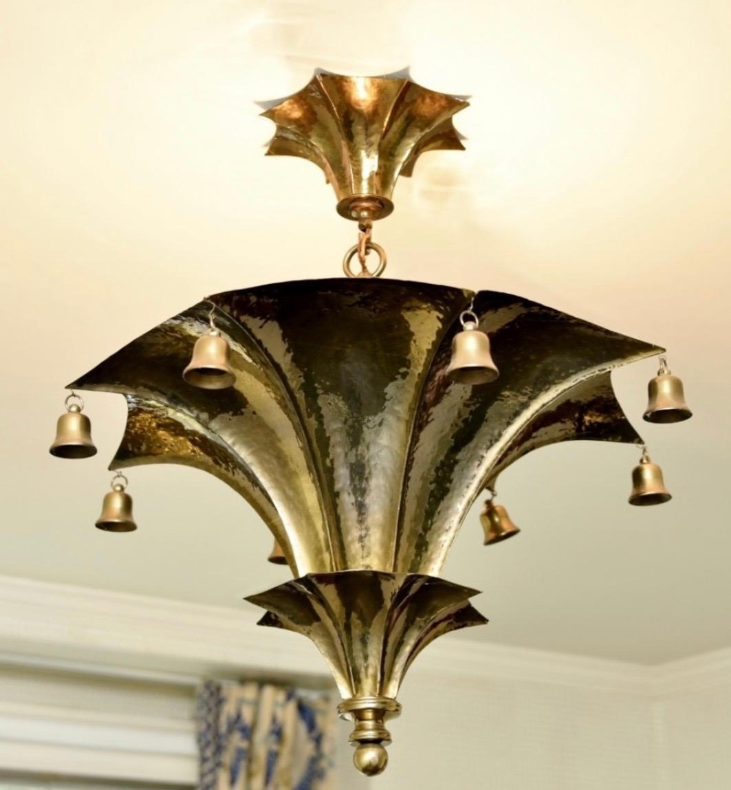 Wonderful Pair of Pagoda Brass Light Fixtures Bells Semi Flushmount Chandeliers In Good Condition In Roslyn, NY