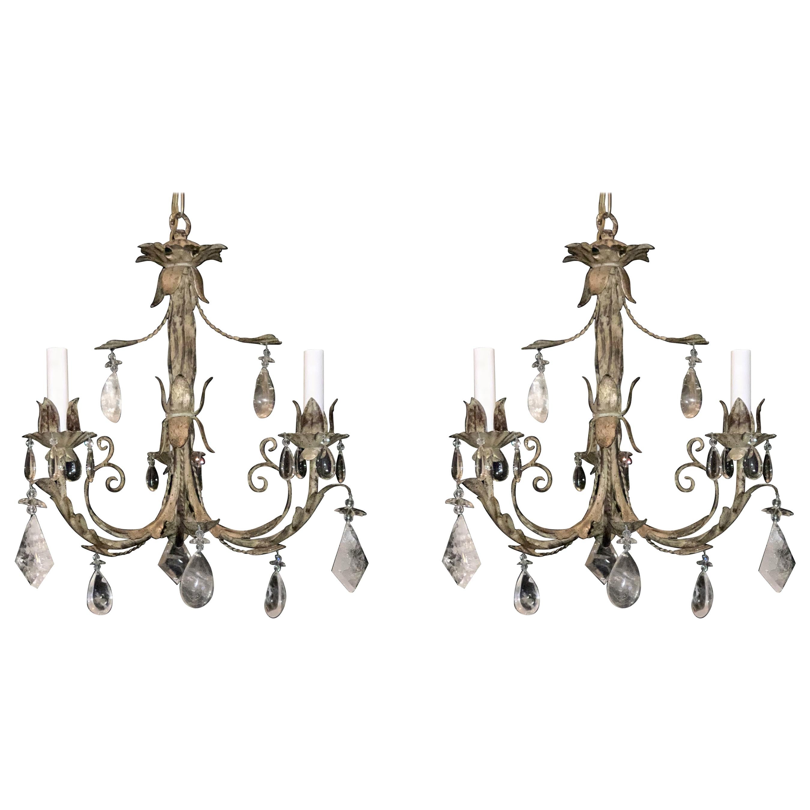 Wonderful Pair Petite Baguès Rock Star Crystal Filigree Tassel Gilt Chandeliers