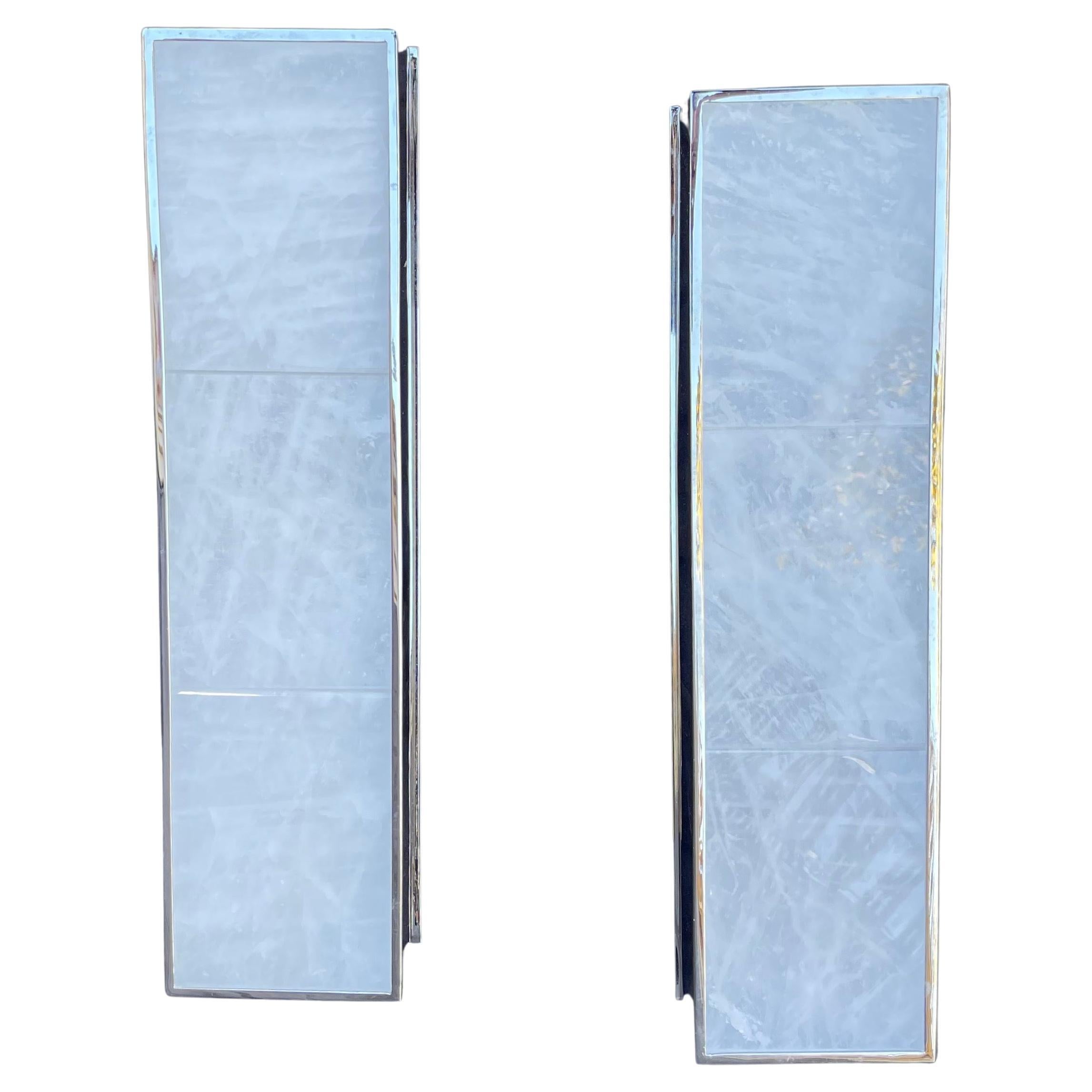 Modern Wonderful Pair Ralph Lauren Ellis Medium Linear Polished Nickel Quartz Sconces For Sale