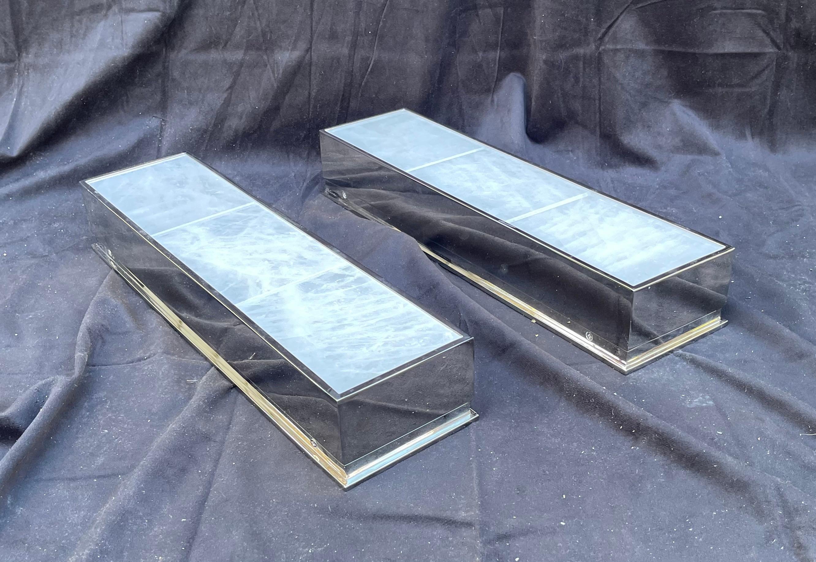 Wonderful Pair Ralph Lauren Ellis Medium Linear Polished Nickel Quartz Sconces For Sale 2