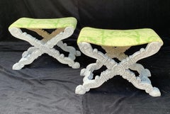 Wonderful Pair Regency Carved White Wash Benches Green Silk Chinoiserie X Form