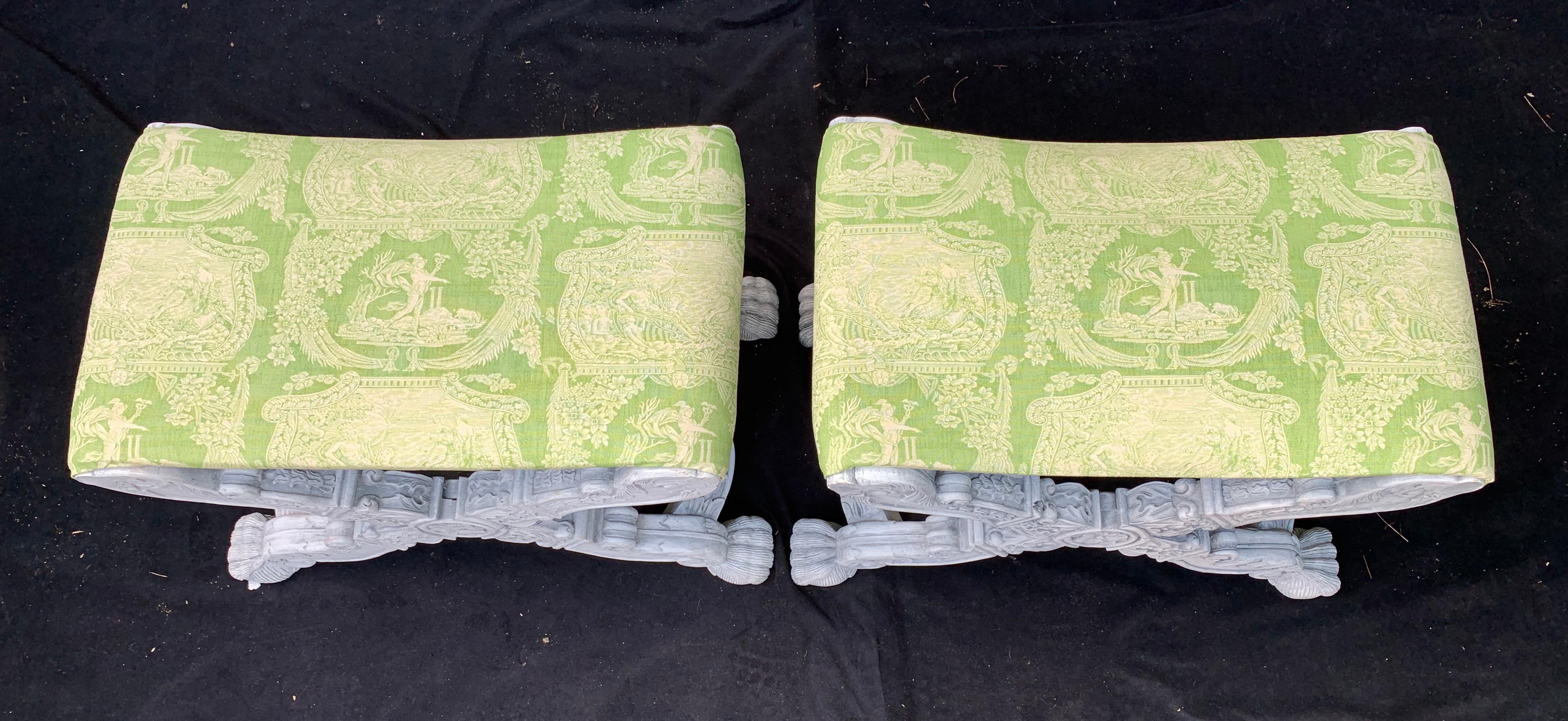 Wonderful Pair Regency Carved White Wash Benches Green Silk Chinoiserie X Form In Good Condition For Sale In Roslyn, NY
