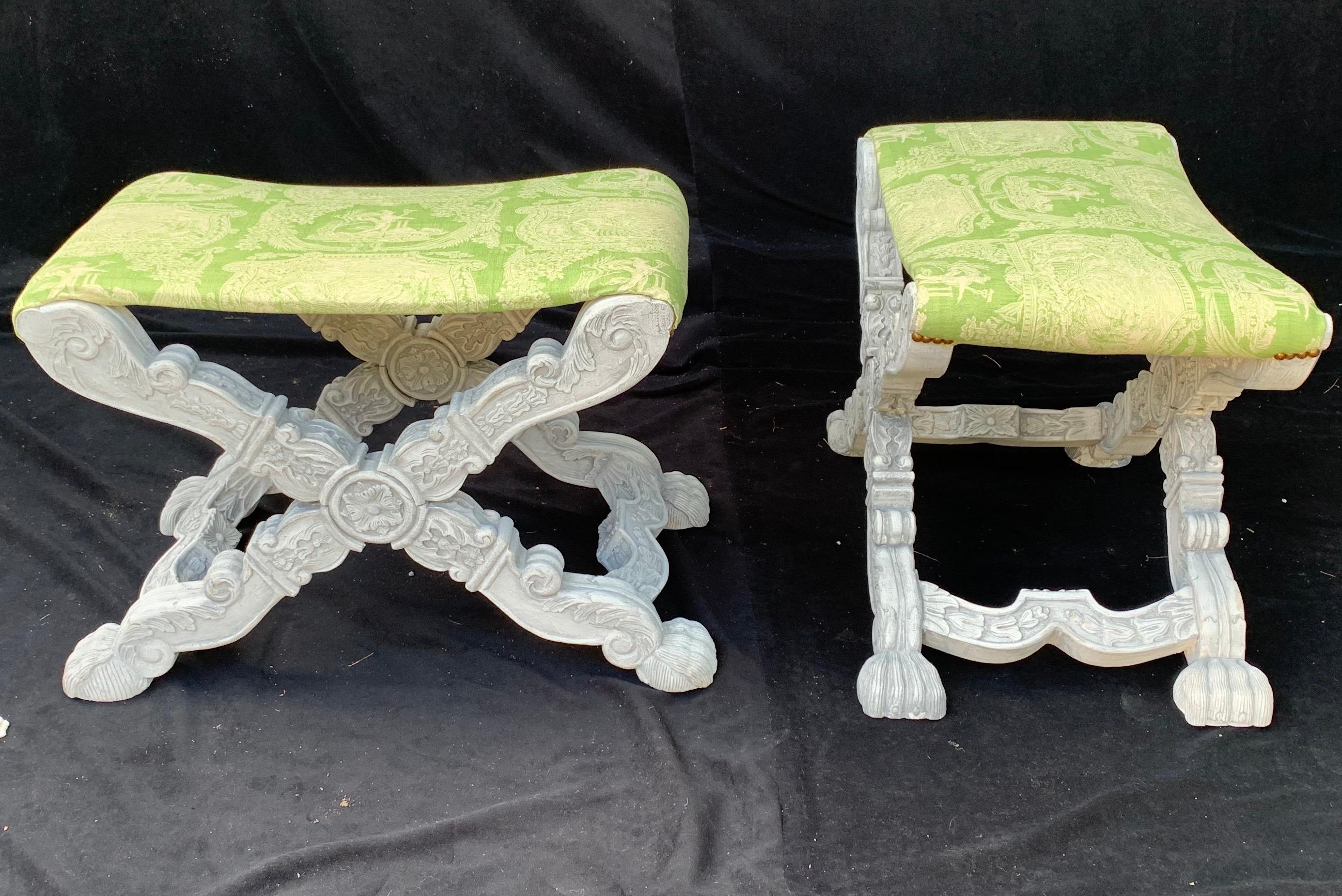 20th Century Wonderful Pair Regency Carved White Wash Benches Green Silk Chinoiserie X Form For Sale