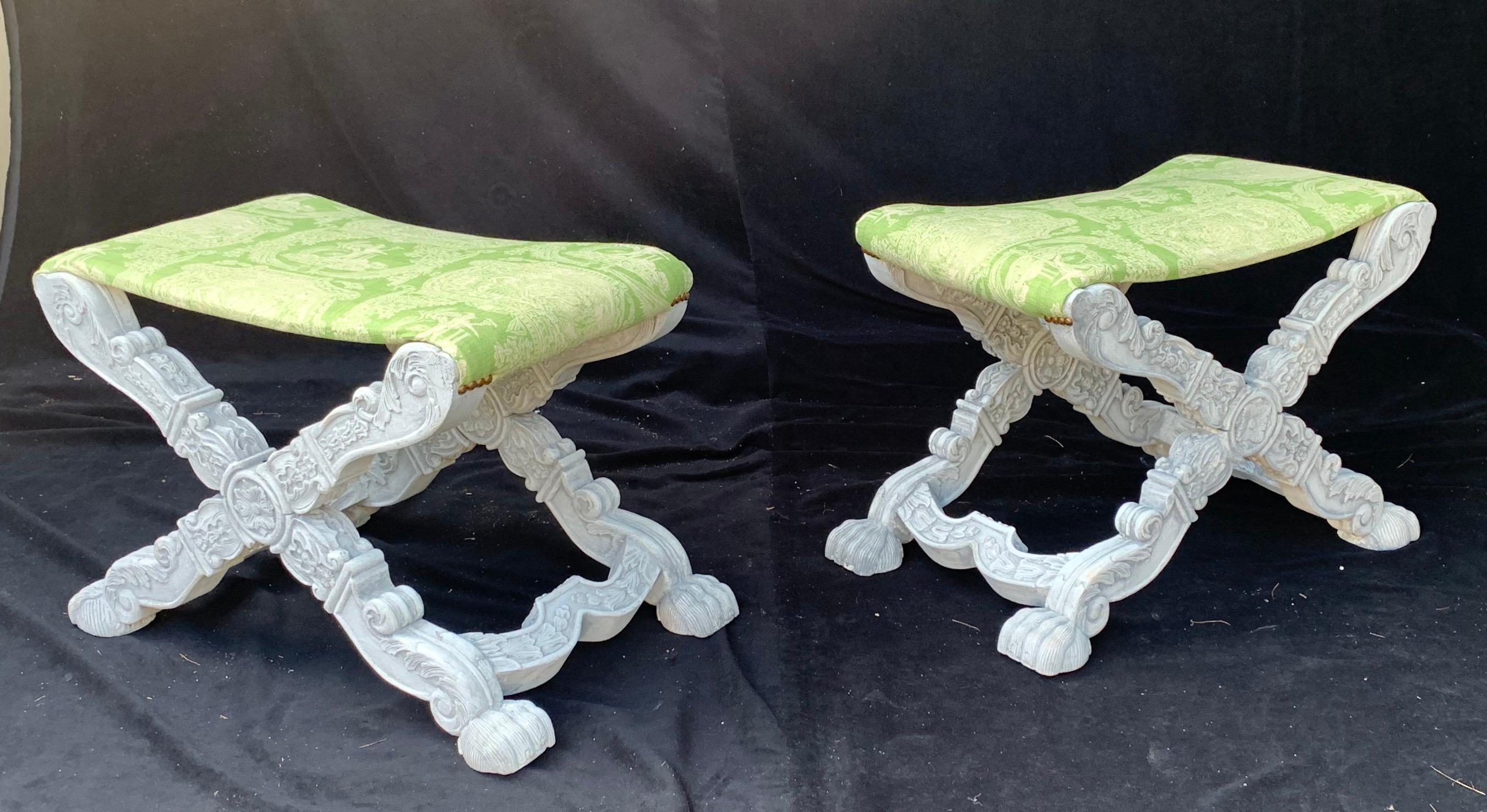 Wonderful Pair Regency Carved White Wash Benches Green Silk Chinoiserie X Form For Sale 1