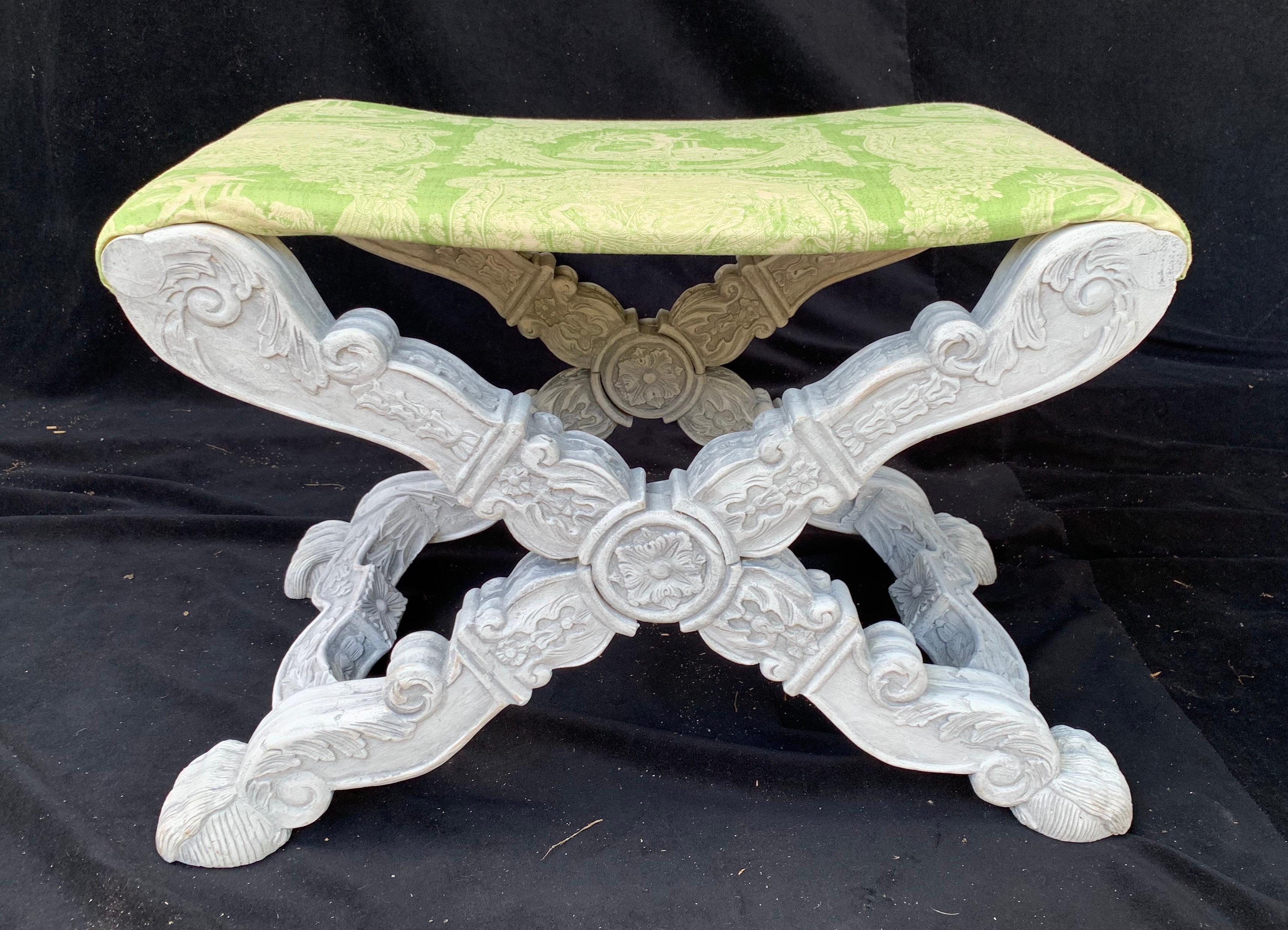 Wonderful Pair Regency Carved White Wash Benches Green Silk Chinoiserie X Form For Sale 2